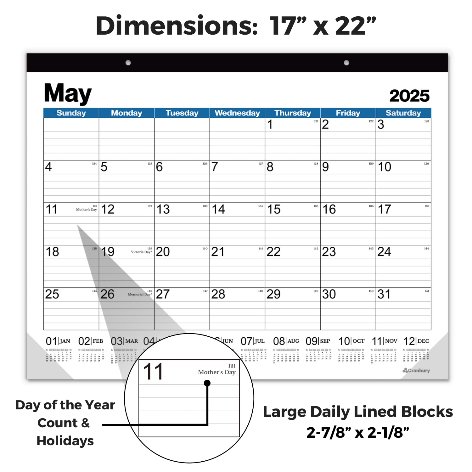 CRANBURY Large 22x17 Desk Calendar 2025 - Big Monthly Planner & Desk Blotter for Office or Home Use | Includes Stickers | Perfect for Wall Hanging, Workstation Organization & Productivity Planning