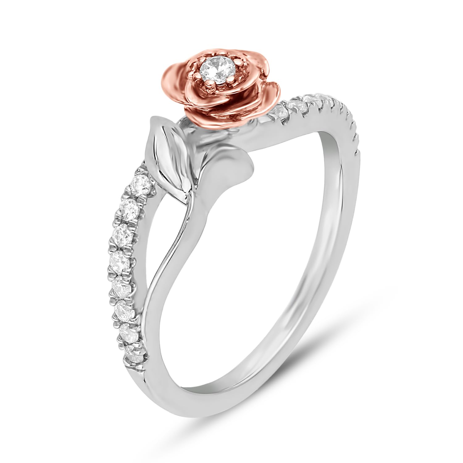 Enchanted Disney Belle Rose Ring - Sterling Silver & 10K Rose Gold with 1/5 CTTW Diamond | Fine Jewelry for Women | Perfect for Disney Fans, Weddings & Special Occasions
