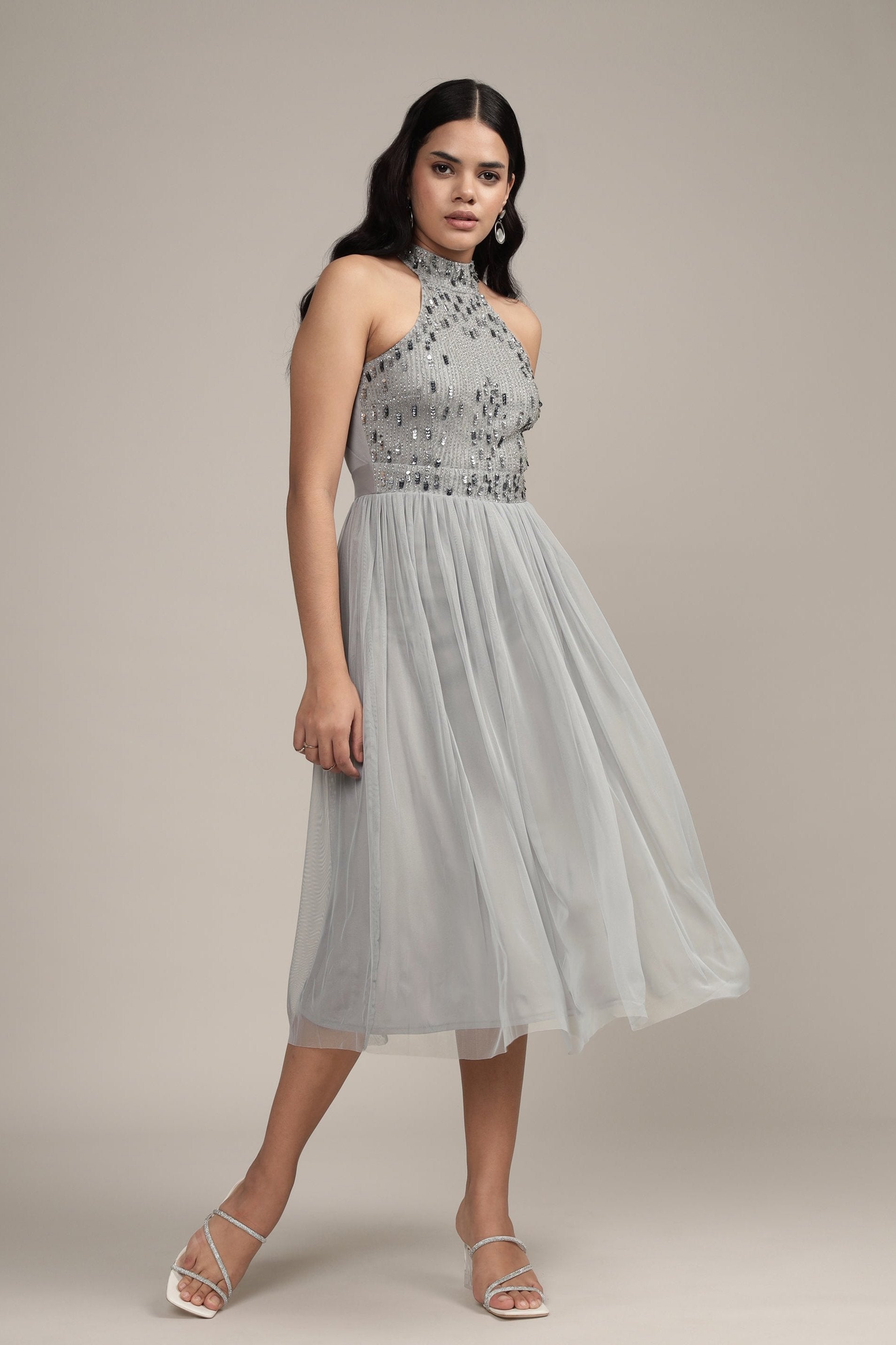 Jessa Midi Dress in Grey - Elegant Women's Casual & Party Dress for Work, Date Night & Special Occasions