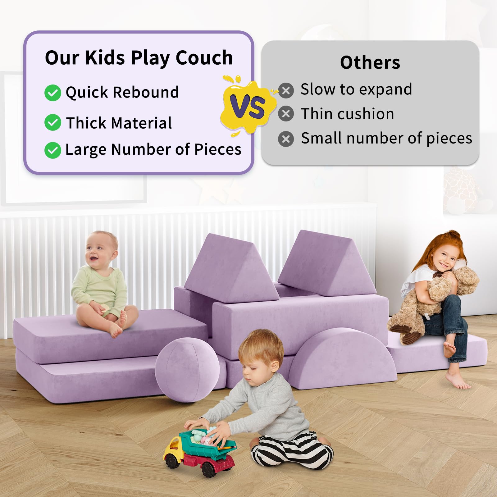 12PCS Modular Kids Play Couch Set with 2 Balls & Tunnel - Foldable Toddler Sofa for Playroom, Indoor Kickball & Pitching Games - 30+ Creative Play Ideas - Perfect for Playdates, Birthday Parties & Family Game Nights (Blueberry)