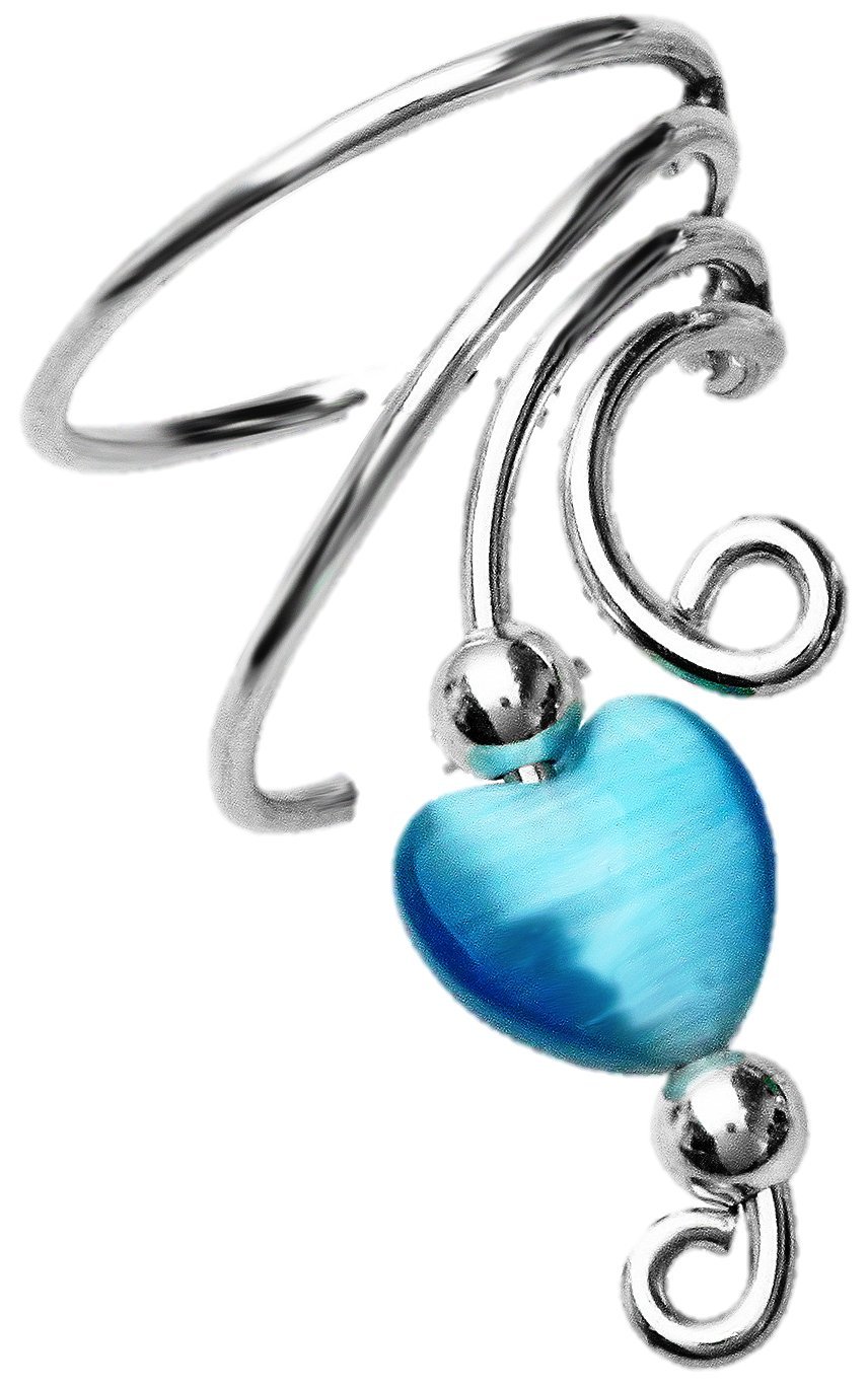 Blue Cat's Eye Heart & Beads Sterling Silver Ear Cuffs Earrings for Women - Right Side - Boho Chic Jewelry for Parties, Weddings & Everyday Wear
