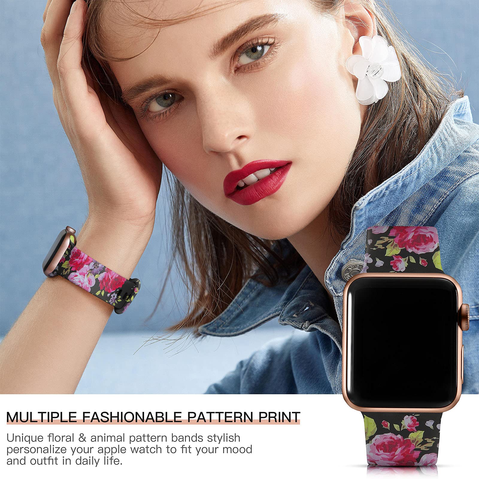 Lerobo Floral Print Silicone Replacement Band for Apple Watch Series 9/8/7/6/5/4/3/2/1 & SE - Compatible with 38mm 40mm 41mm Women's iWatch - Pink Flower Pattern (M/L Size) | Perfect for Workouts, Daily Wear & Fashion Accessories