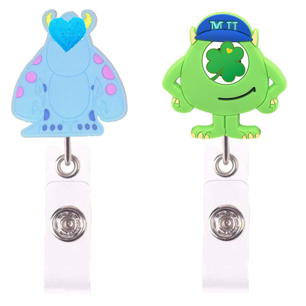 ZOSTLAND 2Pack Cartoon Cute Green Big Eye Blue Monster Retractable Badge Reel Holder - 28 Inch Cord Extension with Metal Clip for Office, Nurses, ID & Name Tags (2PCS) - Perfect for Hospitals, Schools, and Corporate Events