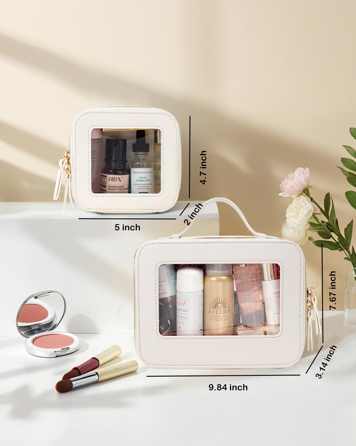 Clear Travel Makeup Bag - TSA Approved Vegan Leather Organizer for Women, Perfect for Toiletries & Cosmetics on the Go