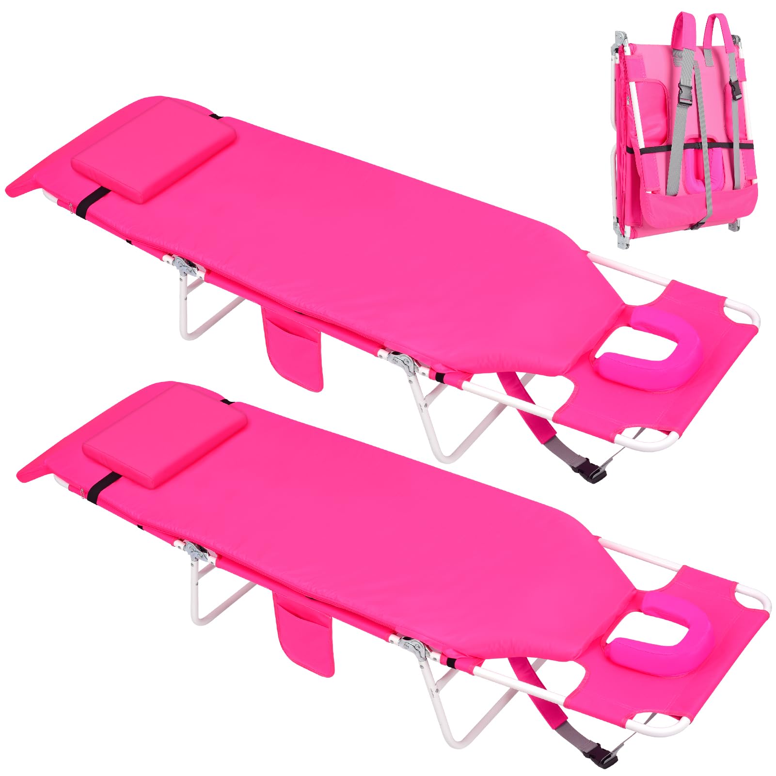 **3 in 1 Women's Comfort Backpack Tanning Beach Lounge Chair with Face Hole Cushion - Folding 6-Position Reclining Face Down Chair for Sunbathing, Reading & Poolside Relaxation - Pink (2 Pack) - Perfect for Beach, Backyard & Travel**