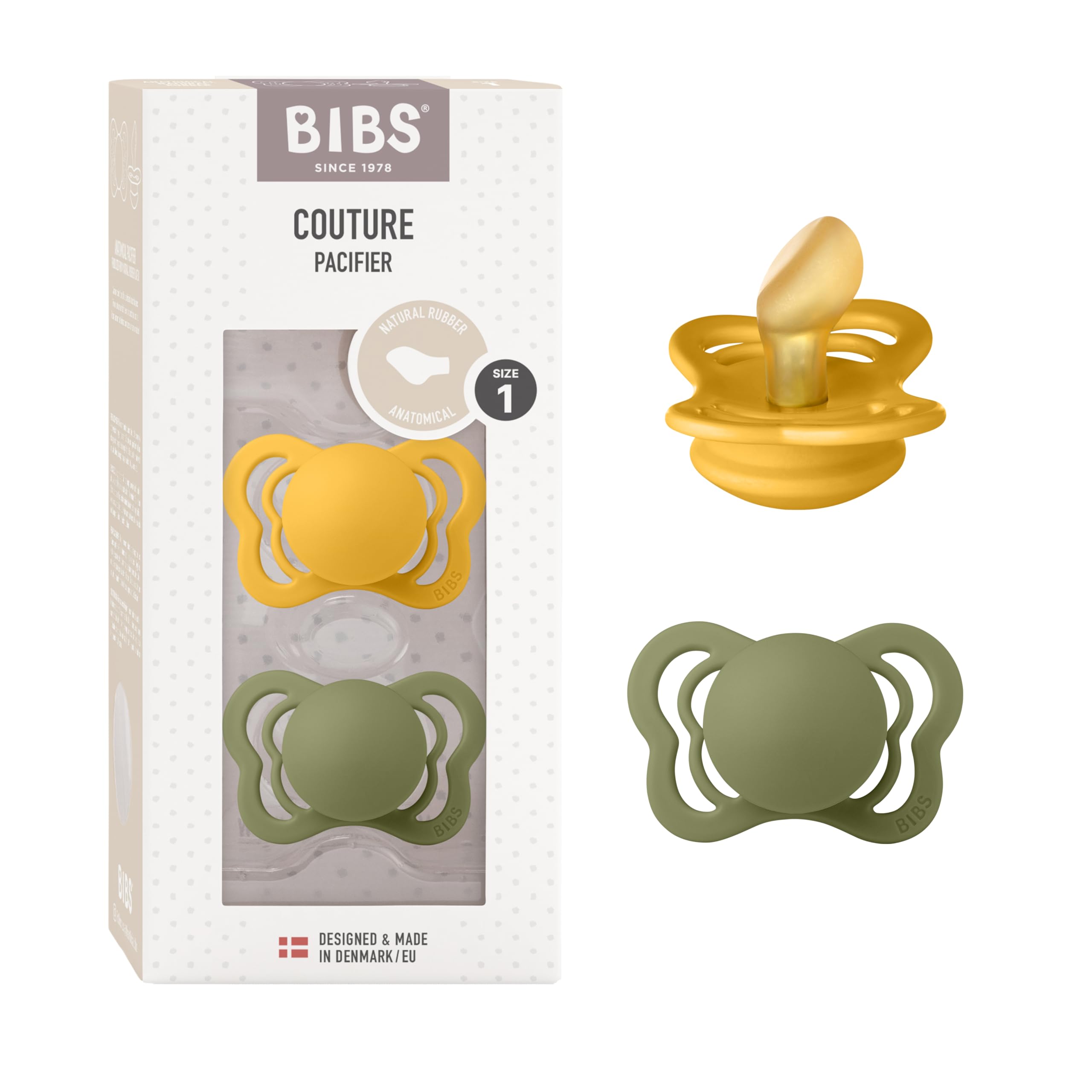 BIBS Couture Pacifier Set of 2 - BPA-Free, Anatomical Nipple, Natural Rubber Latex, Size 1 (0-6 Months), Honey Bee/Olive - Perfect for Newborns & Baby Shower Gifts