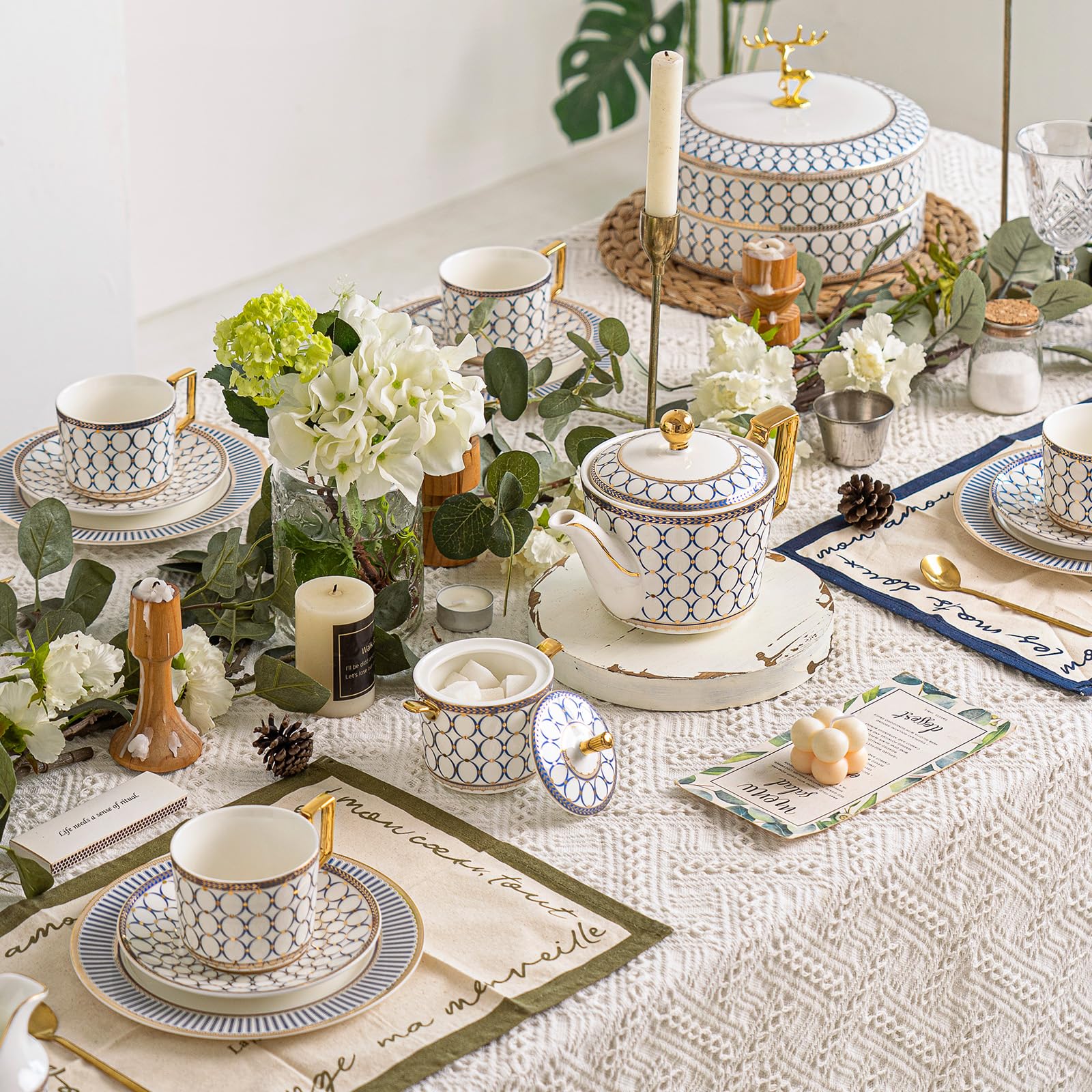 Premium Bone China Tea Cup Set - 15-Piece Elegant Tea Service for 4 with 28oz Teapot, Sugar Bowl, Creamer Pitcher & Spoons - Perfect for Afternoon Tea, Bridal Showers & Housewarming Gifts
