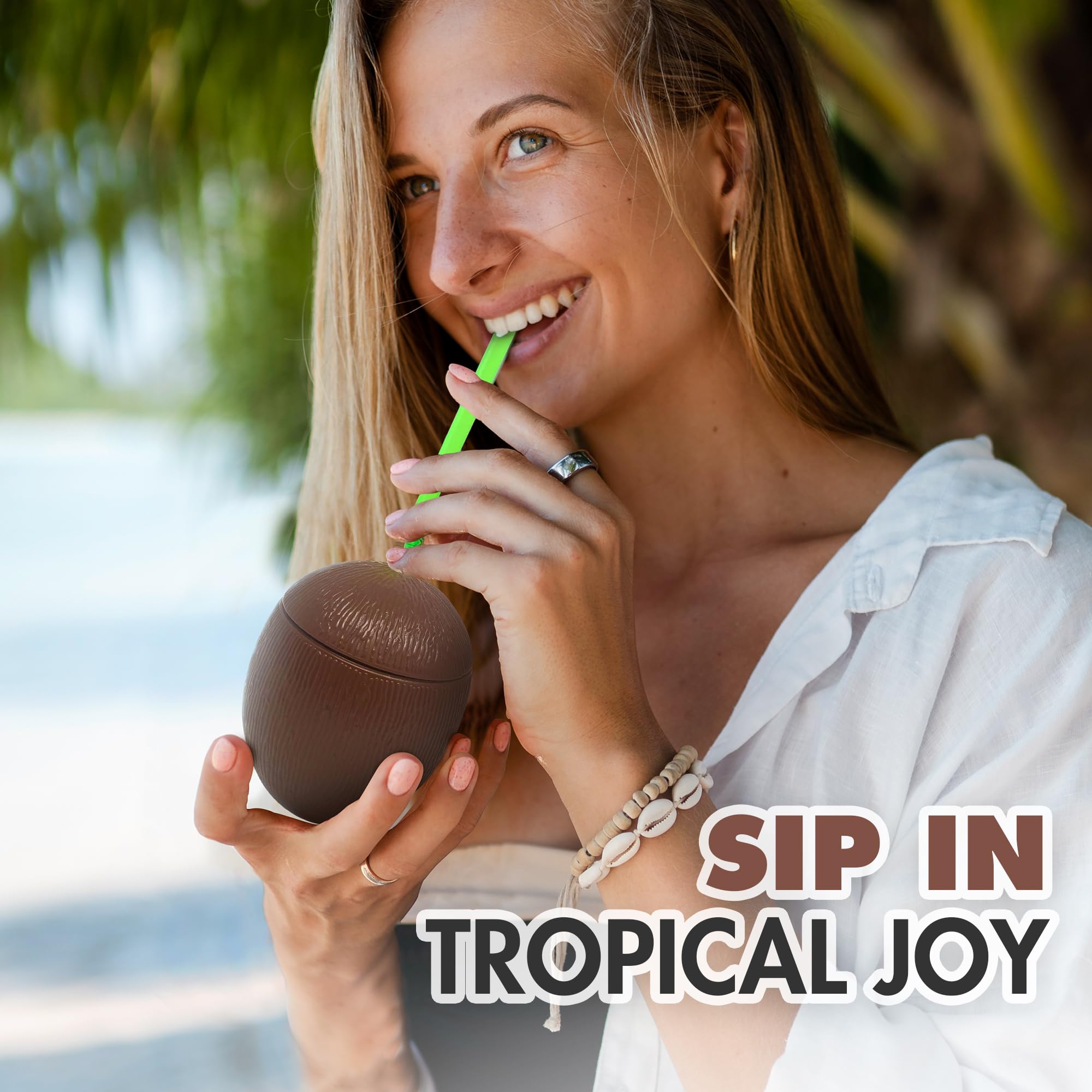 Podzly 12-Piece Tropical Luau Coconut Cups Set - 12oz Hawaiian Plastic Mugs with Straw & Removable Lid - Beach Party, Poolside Drinks & Tiki Bar Decor - Perfect for Summer Cocktails, Themed Parties & Hawaiian Luau Events