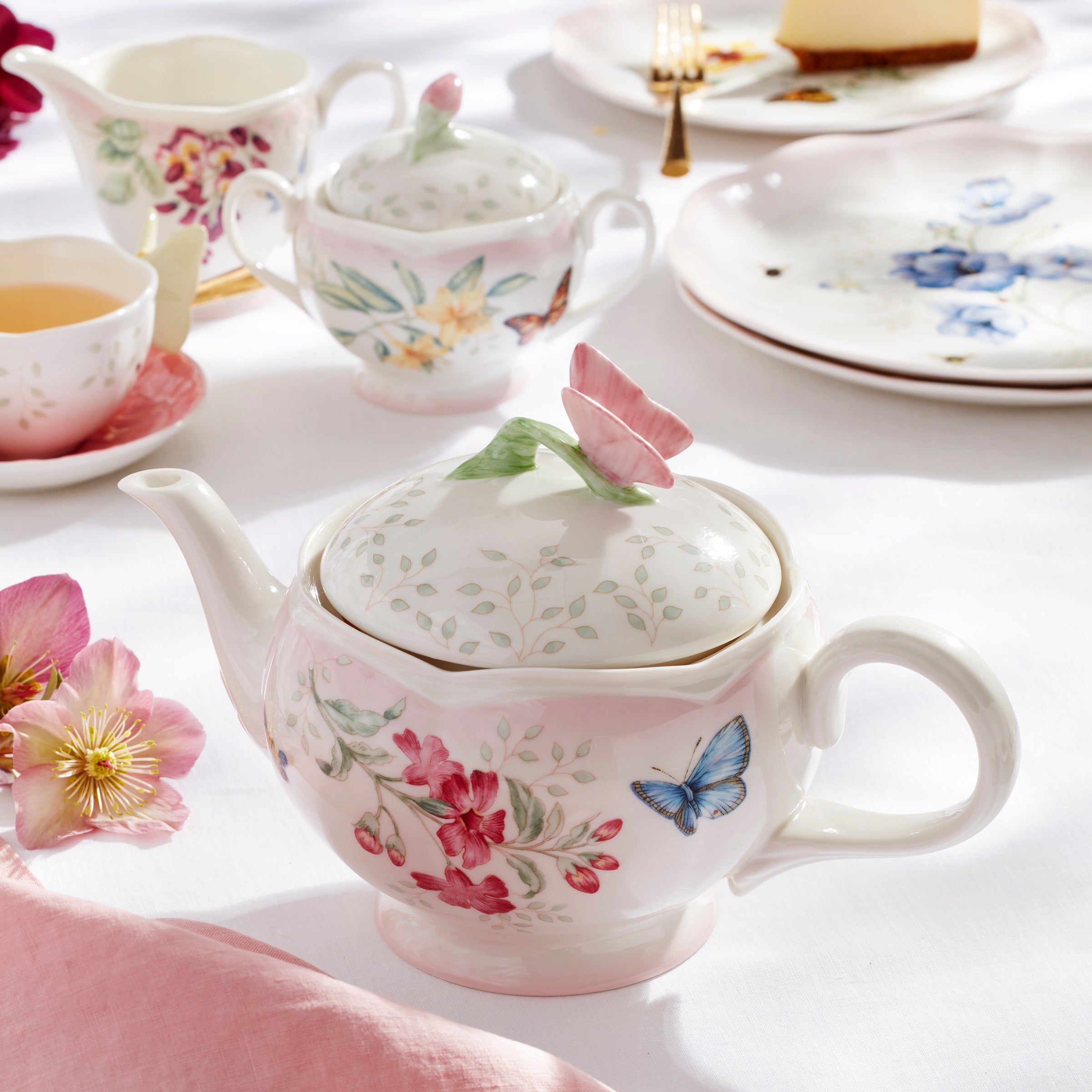 Butterfly Meadow Pink Ombre 5-Piece Tea Set - Elegant Floral Porcelain Tea Cup Set with Saucers & Teapot - Perfect for Afternoon Tea, Bridal Showers & Garden Parties