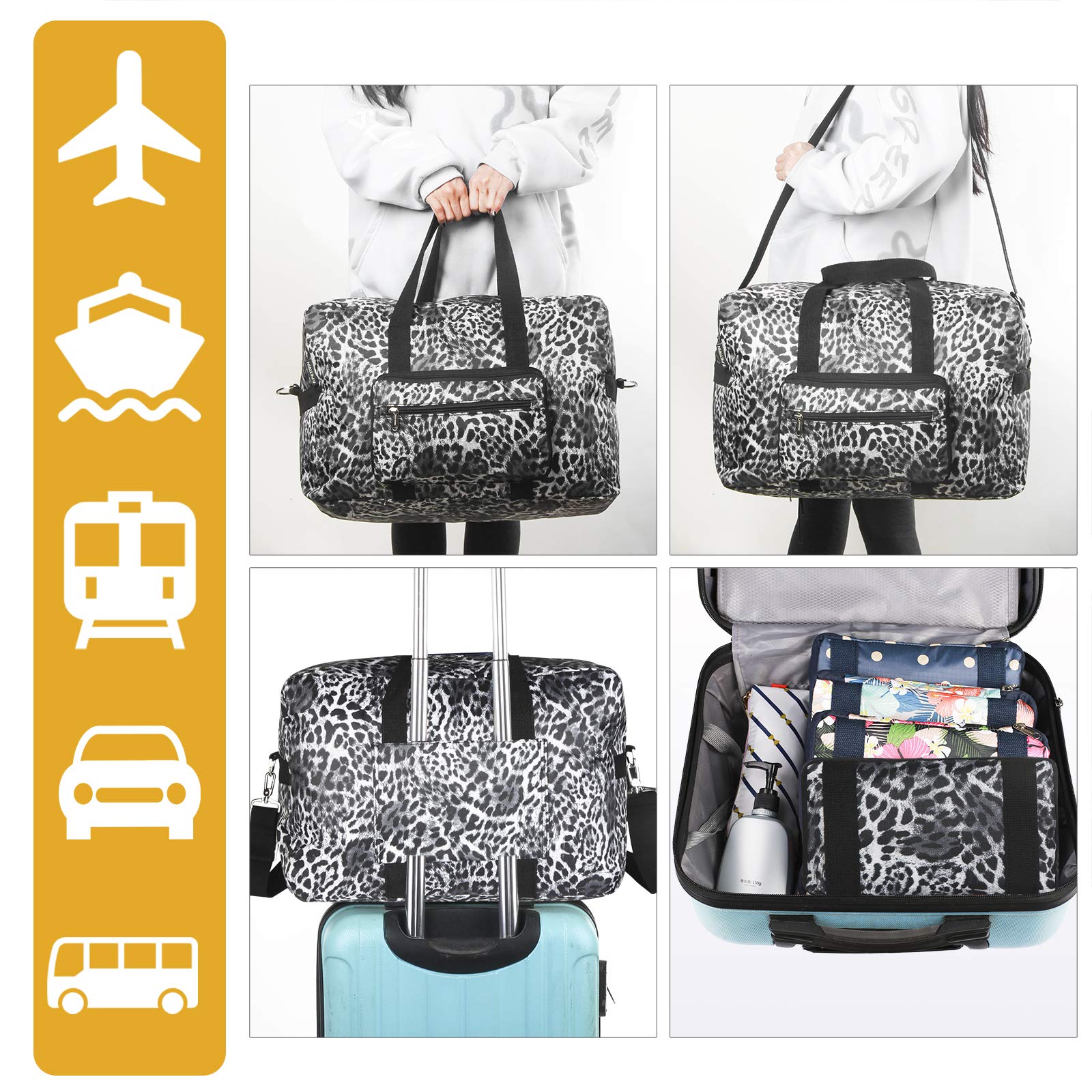 F.FETIVIN Foldable Waterproof Duffel Bag - Lightweight Carry On Luggage Tote for Travel, Gym & Beach (Leopard Print) | Perfect for Weekend Getaways, Sports Gear & Vacation Essentials