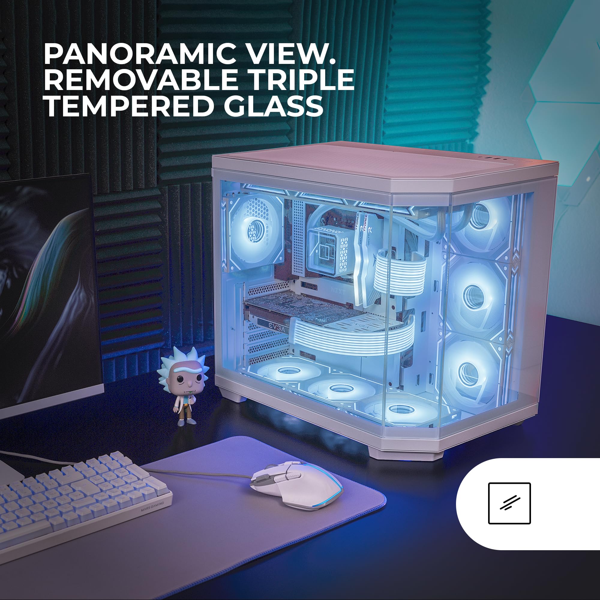 Mars Gaming MC-3TCORE White ATX Gaming PC Case - Triple Tempered Glass Panels, Dual Camera Mount, Semi-Tower Design, Supports Reverse Connector Motherboards & Liquid Cooling - Perfect for Custom RGB Gaming Rigs and Streaming Setups