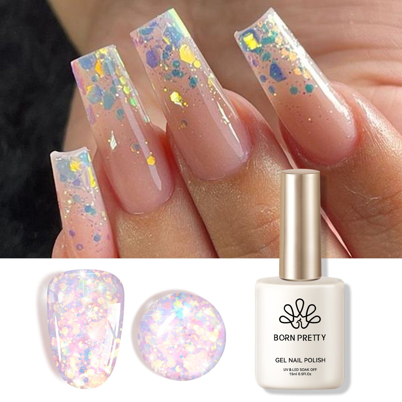 AB Color Glitter Sequins Gel Nail Polish - 15ml Long Lasting UV/LED Soak Off Manicure Kit - Perfect for Nail Art, Salon & Home Use
