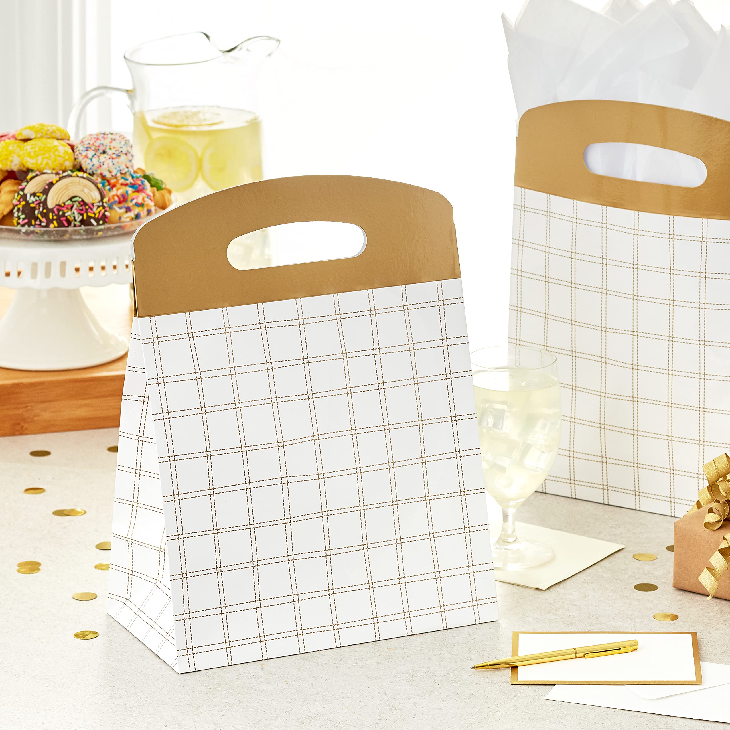 Hallmark Large Self-Sealing Gift Bags with Handles (4 Pack) - Gold & White Plaid and Silver Speckles Designs - Perfect for Wedding Gifts, Graduation Presents, Retirement Parties & Holiday Celebrations - Elegant Gift Packaging Solution for Any Occasion