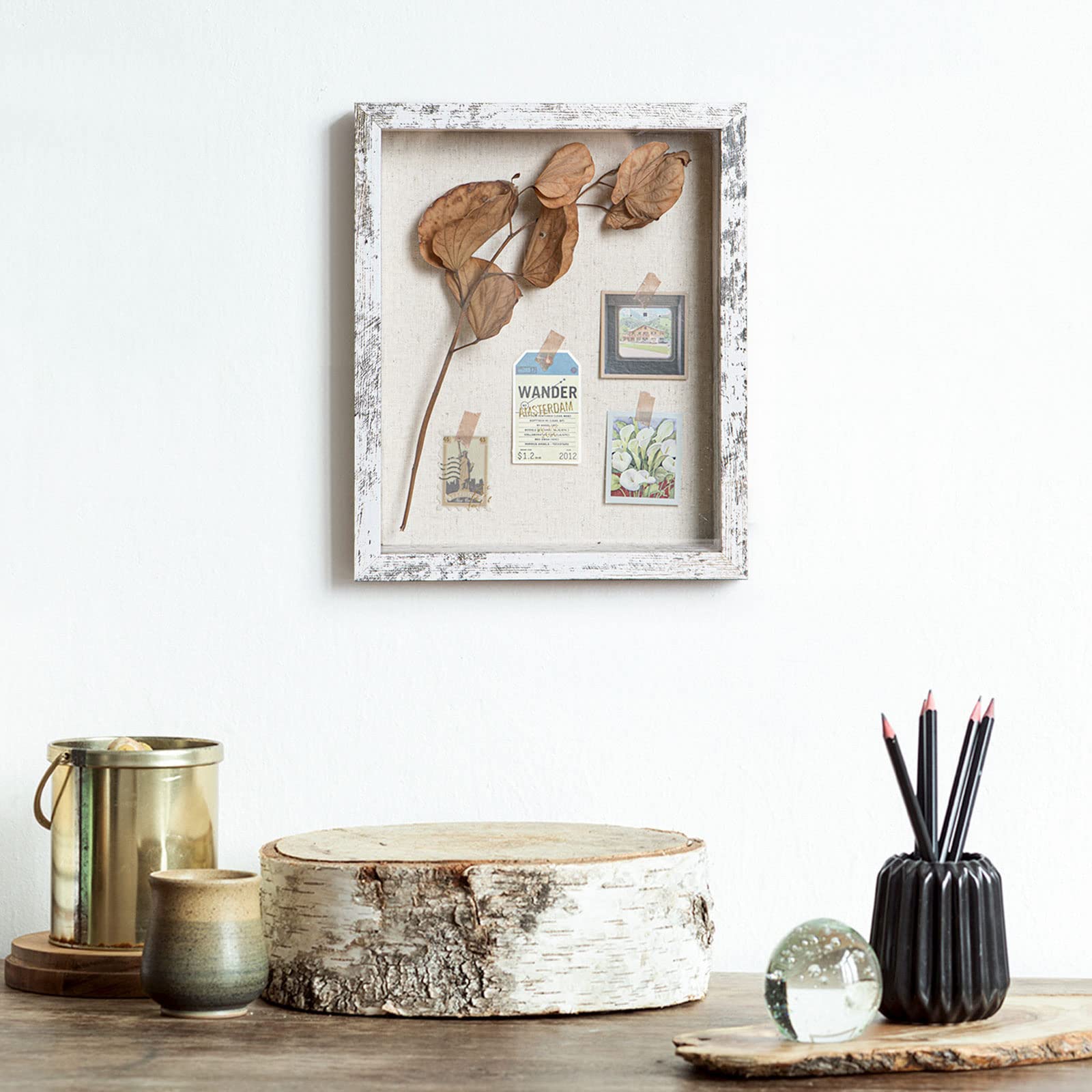 Califortree 8x10 Shadow Box Frame with Linen Back - Real Glass, Push Pins Included, Sturdy Rustic Memory Display Case, Distressed White - Perfect for Wedding Invitations, Baby Keepsakes & Military Memorabilia