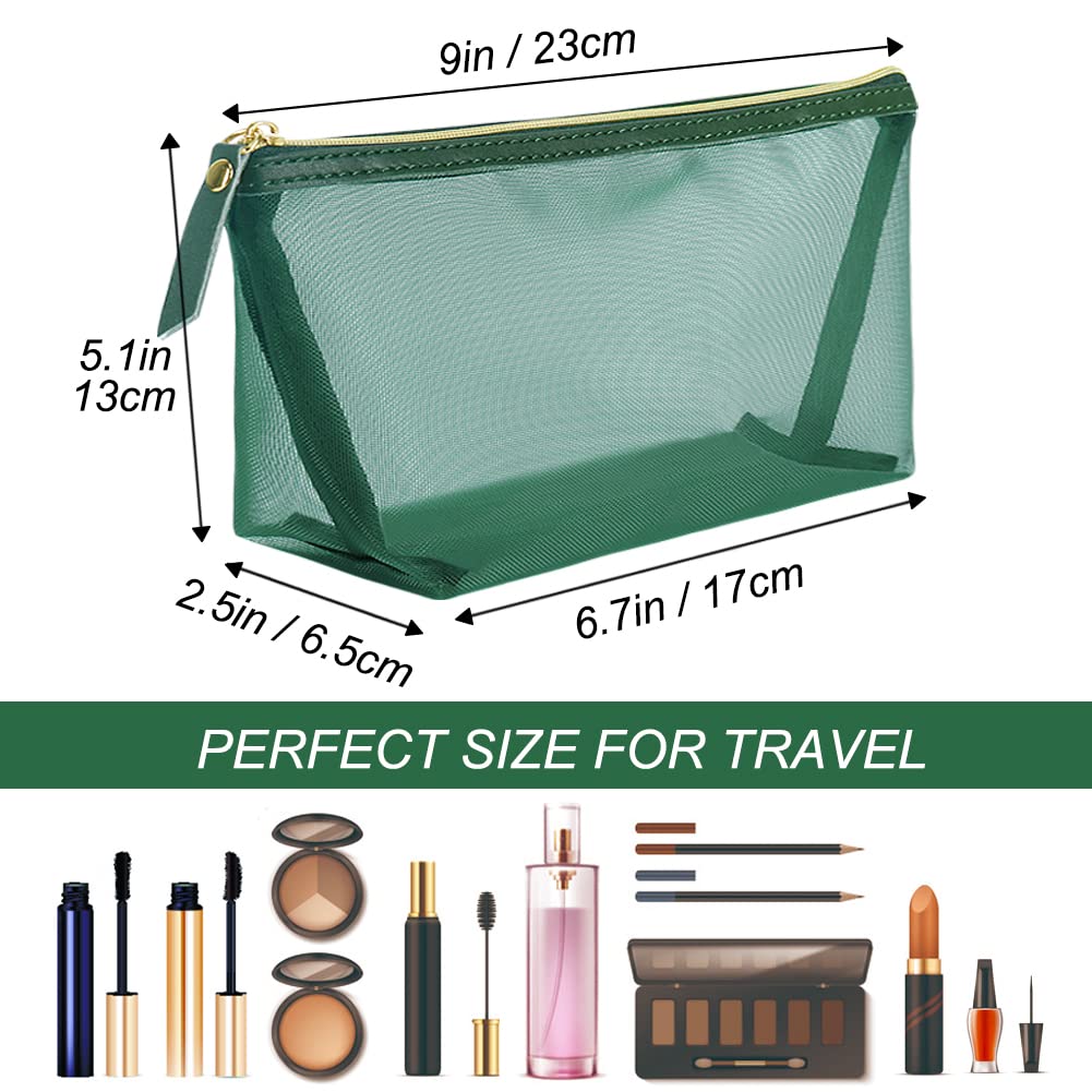 3 Pack Mesh Makeup Bags - Breathable Cosmetic Organizer Pouch for Travel, Home & Gym - Portable Toiletry Storage Case (Green) - Perfect for Makeup Brushes, Skincare Products & Jewelry Organization