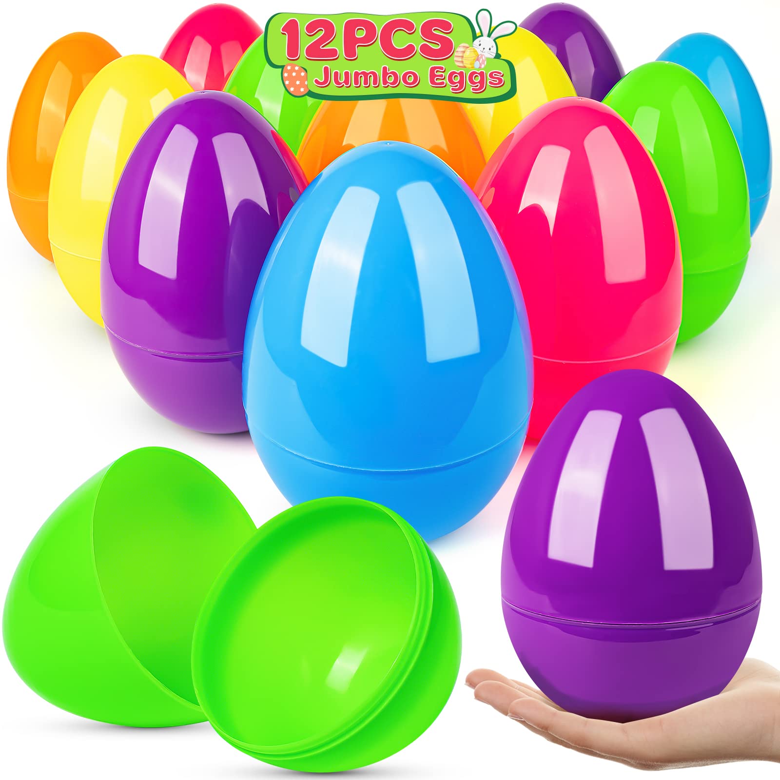 BainGesk 12-Piece 6-Inch Jumbo Plastic Easter Eggs - Large Fillable Easter Basket Stuffers for Egg Hunts, Candy & Toy Storage - Easter Party Favors & Decorations for Kids (Great for Easter Celebrations, Classroom Activities & Spring Festivals)