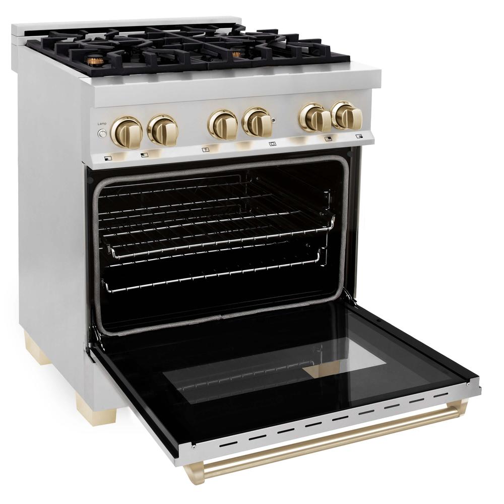 ZLINE Autograph Edition 30-inch Stainless Steel Dual Fuel Range with Range Hood - Polished Gold Accents (2AKP RARH30 G) | Professional Kitchen Upgrade for Home Chefs & Culinary Enthusiasts