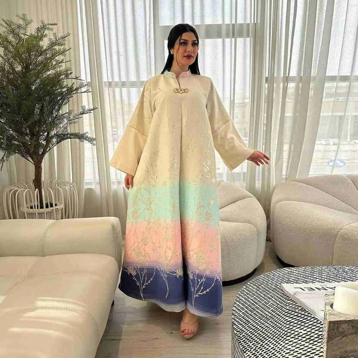 Elegant Eid Gradient Jacquard Kaftan Dress for Muslim Women - Modest Jalabiya Abaya for Prayer, Parties & Special Occasions