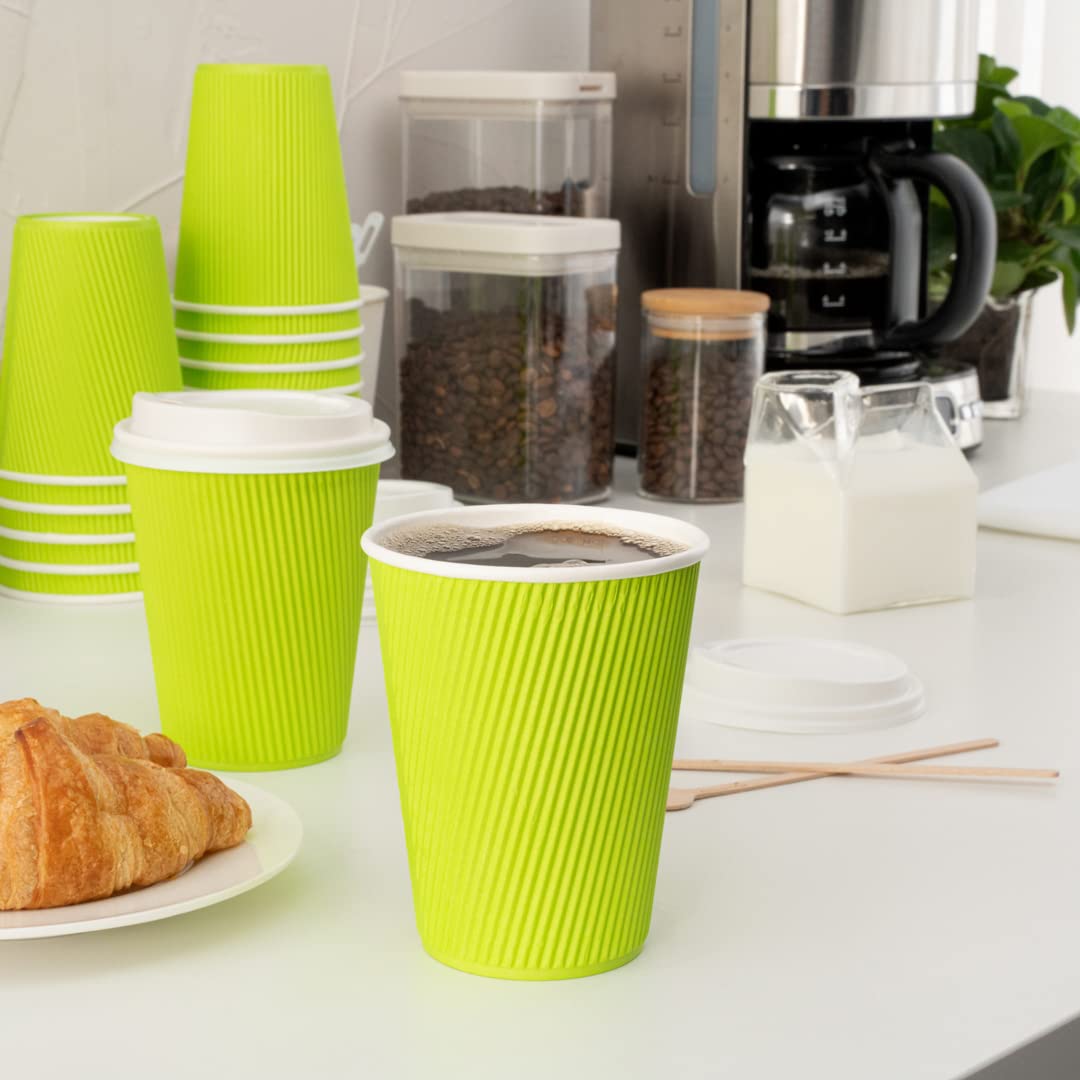 Restaurantware 12oz Insulated Coffee Cups with Lids - 200 Pack Eco-Friendly Ripple Wall Hot Cups | Leakproof & Non-Slip Disposable Paper Cups for Coffee, Tea, Hot Cocoa & Lattes | Perfect for Cafes, Offices & Catering Events