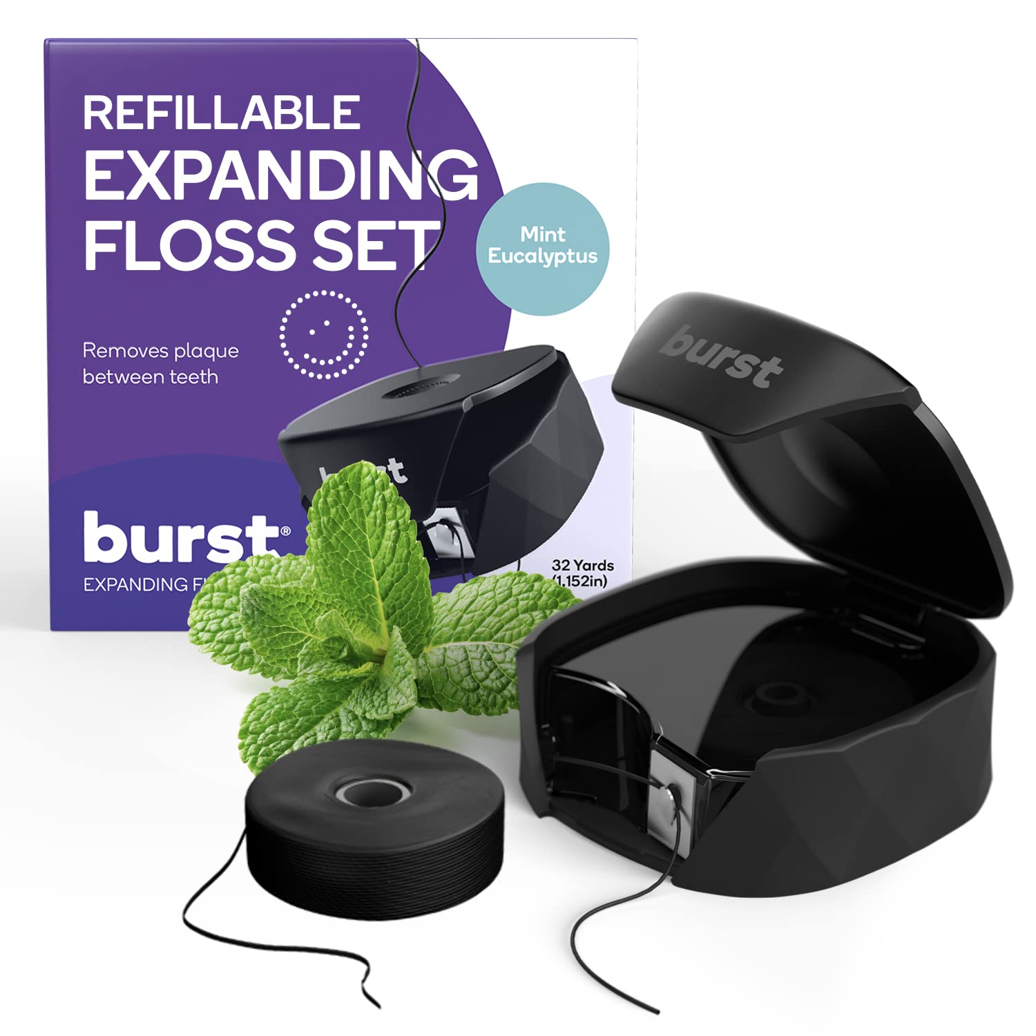 BURST Refillable Dental Floss Dispenser Set - Mint Eucalyptus Scented Charcoal Coated Expanding Floss - Stain Absorbing Woven Tooth Floss with Black Case + 32 Yards Charcoal Floss - Perfect for Travel, Home & Office Oral Care