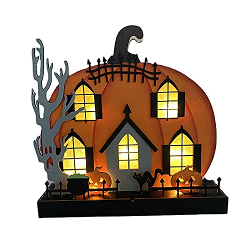 FPNUIOM Halloween Pumpkin House Decorations with LED Lights - Spooky Wooden Crafts for Holiday Home Decor, Perfect Gift for Halloween Lovers (Black Pumpkin House) - Ideal for Porch, Yard, and Indoor Halloween Party Decorations