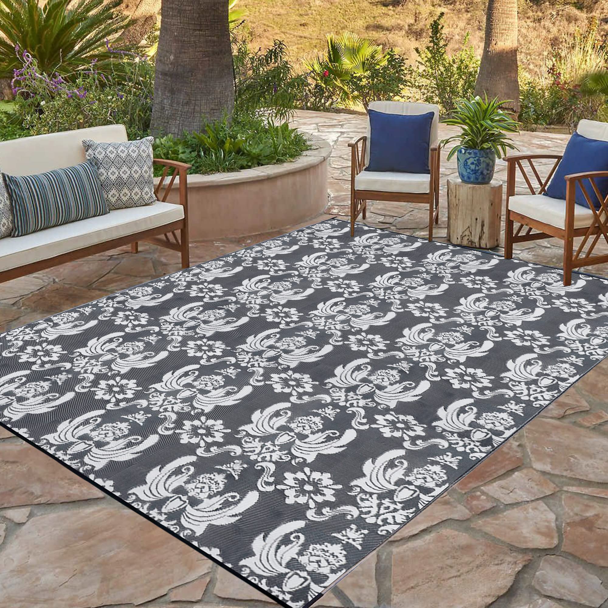 Ridota Reversible Outdoor Patio Rug - Plastic Straw Woven Modern Area Rug - Large 9' x 12' Floor Mat for RV, Deck, Backyard, Beach & Camping - Baroque Grey & White - Perfect for Picnics, Poolside Lounging & Summer Entertaining