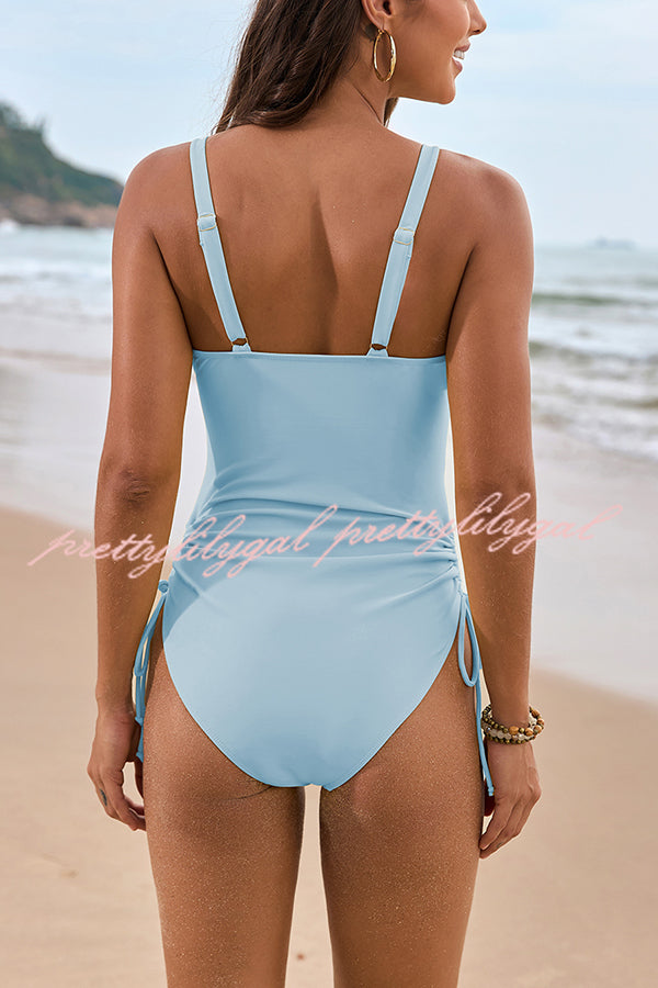 Solid Color Drawstring Waist Mesh One Piece Swimsuit for Women - Comfortable Bathing Suit for Beach, Pool & Summer Vacation