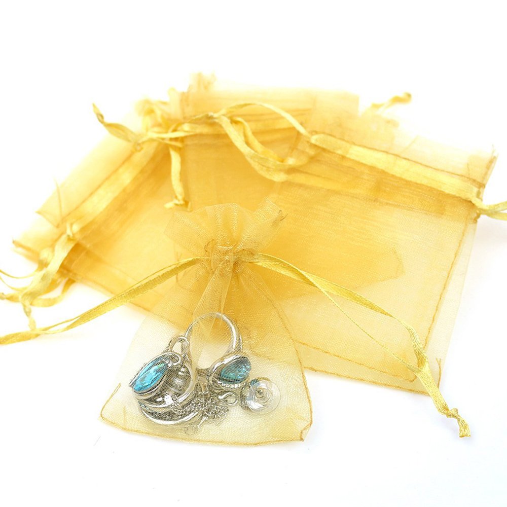 200PCS Gold Organza Gift Bags 5x7 Inches - Sheer Mesh Drawstring Pouches for Wedding Favors, Party Gifts, Christmas Candy & Jewelry Storage - Bulk Wholesale for Events & Holidays