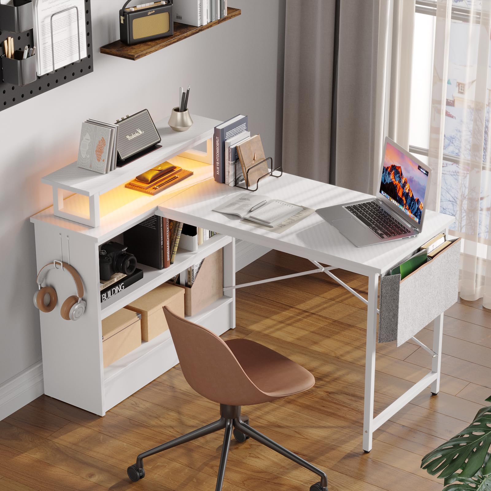 Bestier 42 Inch L-Shaped Gaming Desk with LED Lights - Computer Desk with Monitor Stand & Open Storage Cabinet, Home Office Study Corner Desk for Bedroom (White) | Perfect for Small Spaces & Multi-Monitor Setups