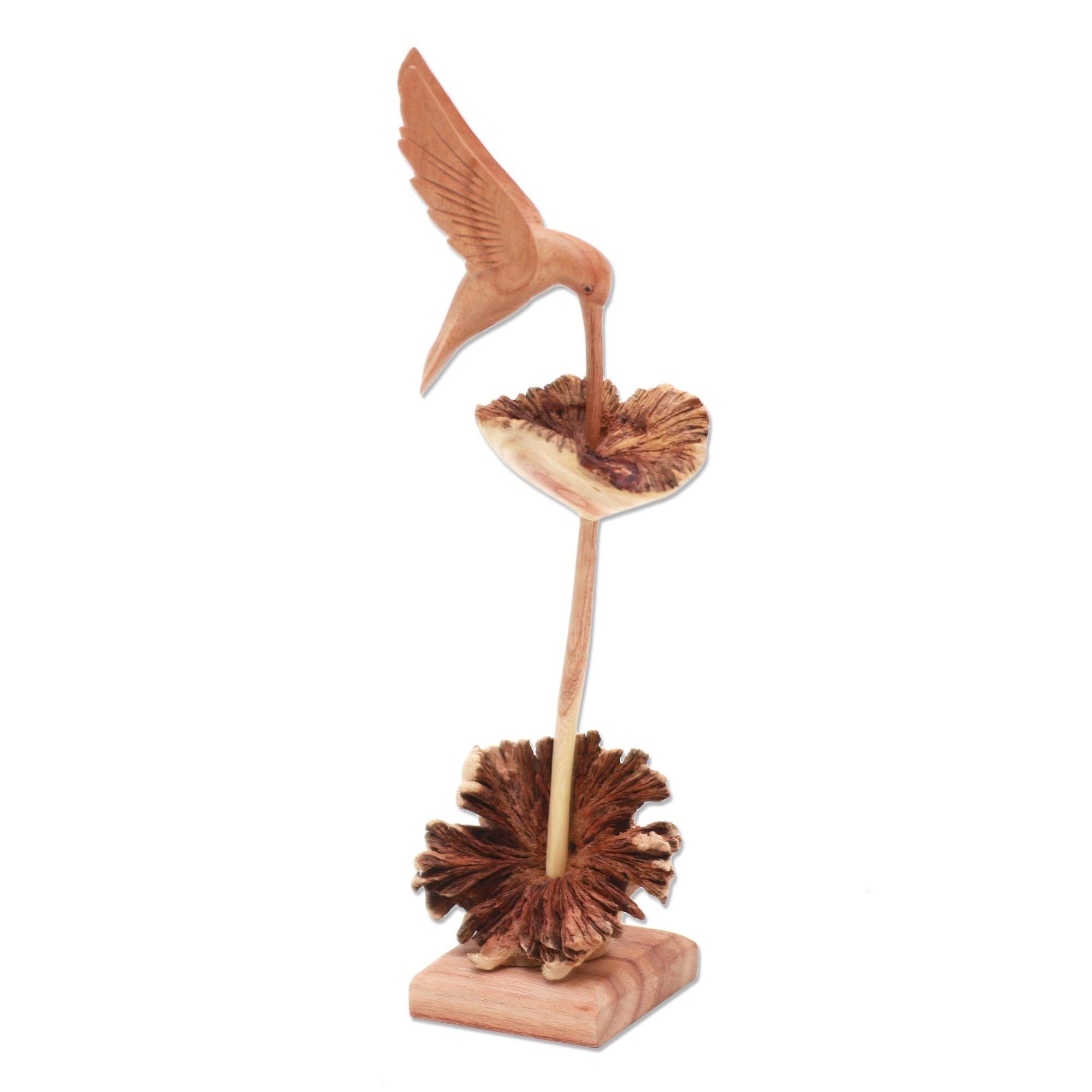 Antique Green Ceramic 'Sipping Hummingbird' Wood Sculpture - Waterproof Handcrafted Home Decor for Garden, Patio & Indoor Display