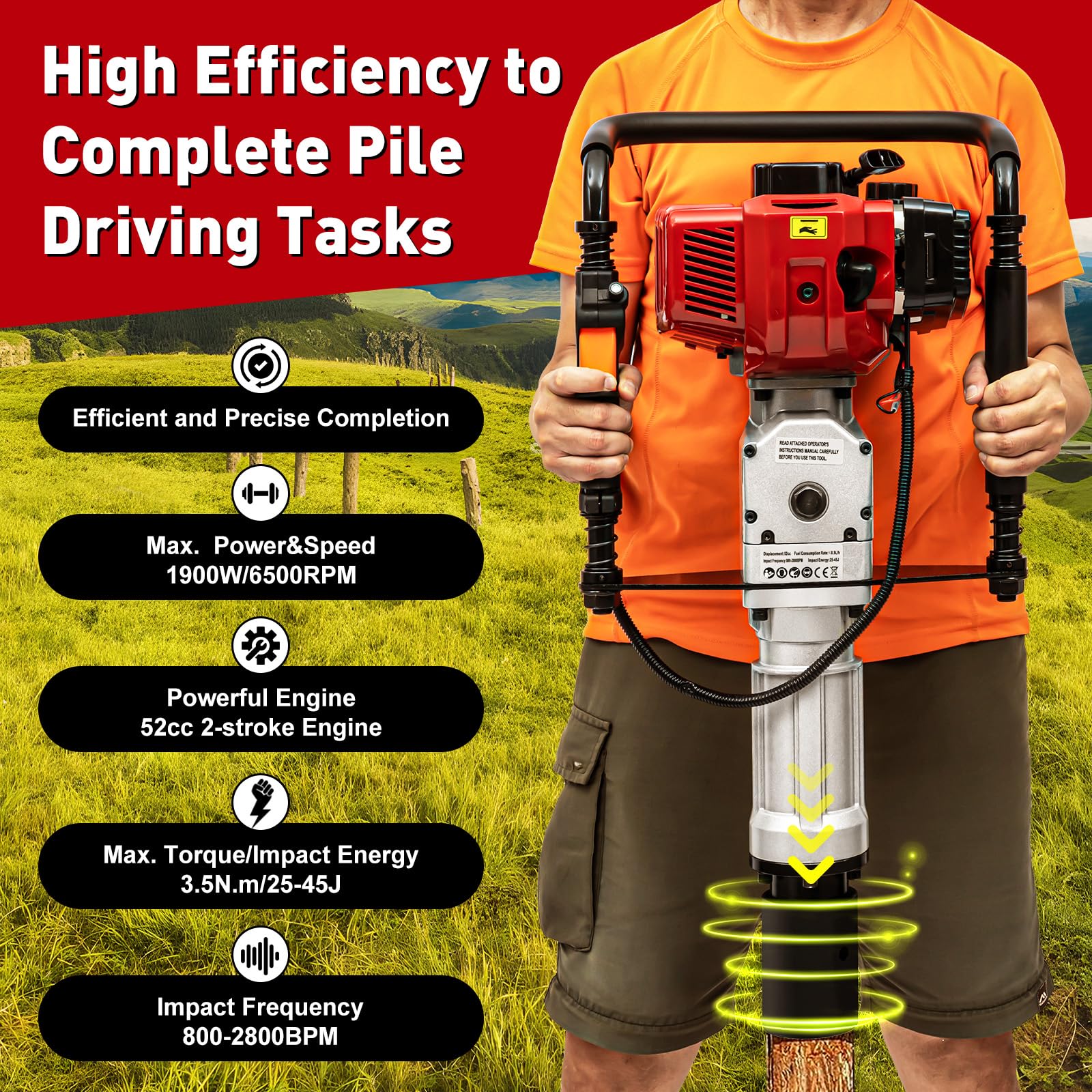 52CC 2-Stroke Gas T Post Driver Hammer - Portable Gasoline Powered Pile Driver for Fencing & Construction - US Stock - Ideal for Farm, Ranch, and Garden Fence Installation