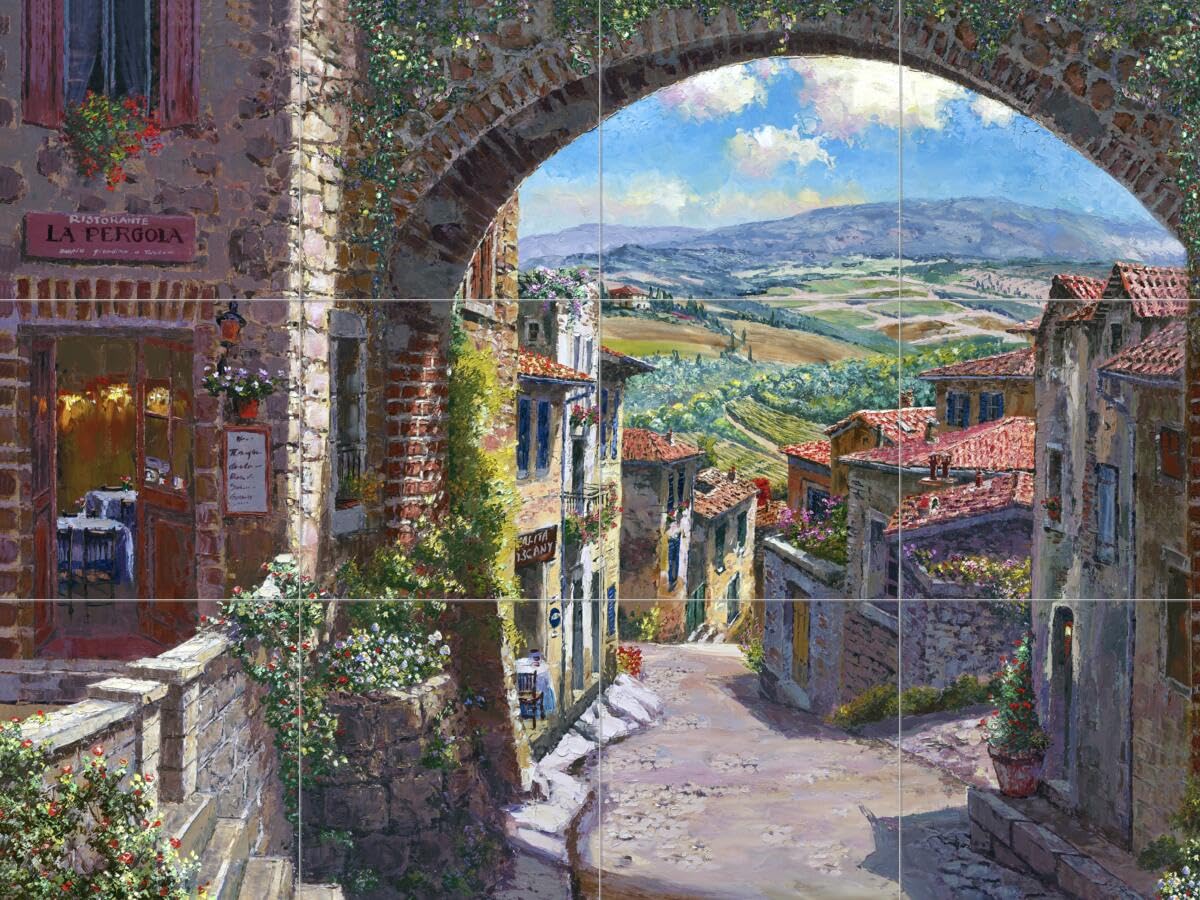 Sam Park Soho Editions San Gimignano Tile Mural - Premium Italian Landscape Wall Art for Home & Office Decor - Perfect for Living Room, Kitchen, or Bathroom