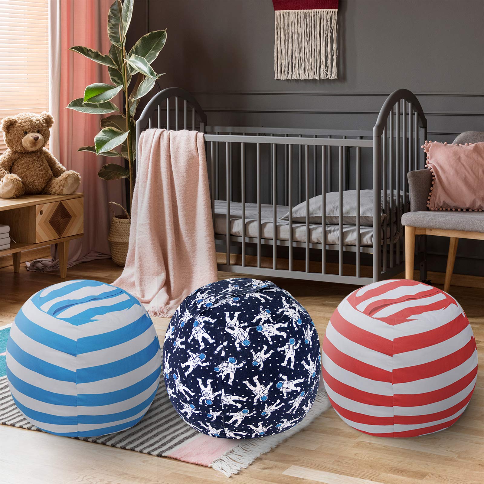 Miaowater 2-Pack Stuffed Animal Storage Bean Bag Chair Cover - Cotton Canvas Organizer with Zipper for Kids & Adults Room - Blue Astronaut Design 24 Inch - Perfect for Playroom, Bedroom & Dorm Organization