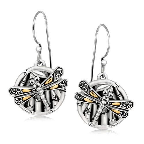 18K Yellow Gold & Sterling Silver Branch Dragonfly Earrings - Elegant Nature-Inspired Jewelry for Women, Perfect for Weddings, Parties & Everyday Wear