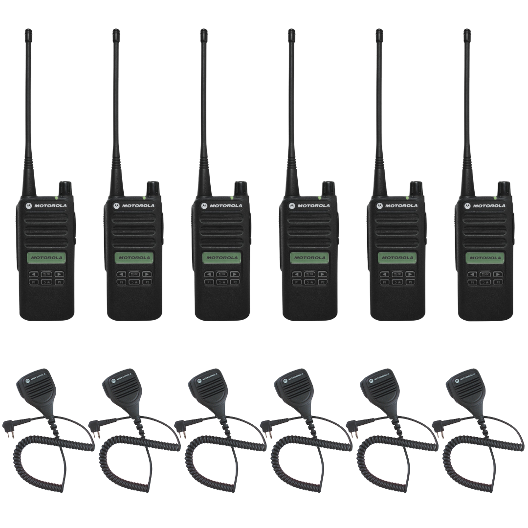 Motorola CP100D Two-Way Radio 6-Pack Bundle with PMMN4013A Speaker Microphones - Reliable Communication for Construction, Security & Outdoor Adventures