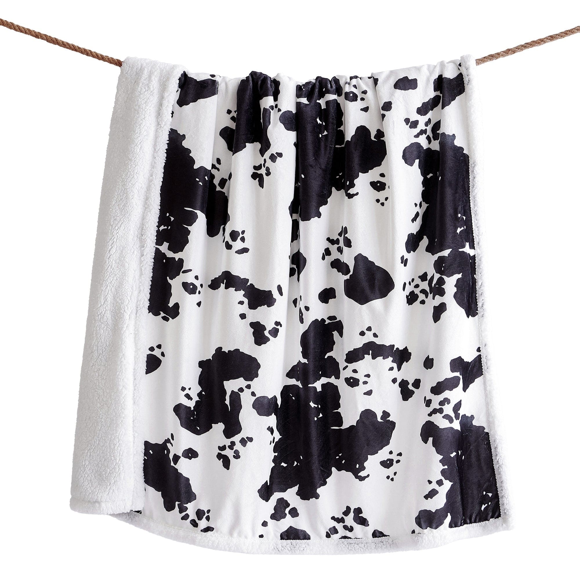 Elsa Cowhide Campfire Sherpa Throw Blanket - Soft Faux Fur & Leather Accent - Cozy Winter Warmth for Sofa, Bed, or Outdoor Camping