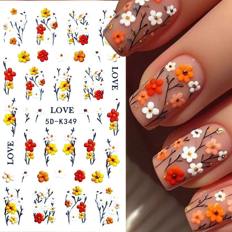 5D White Green Flowers Plants Nail Stickers K351 - DIY Nail Art Decals for Home, Salon & Party Use