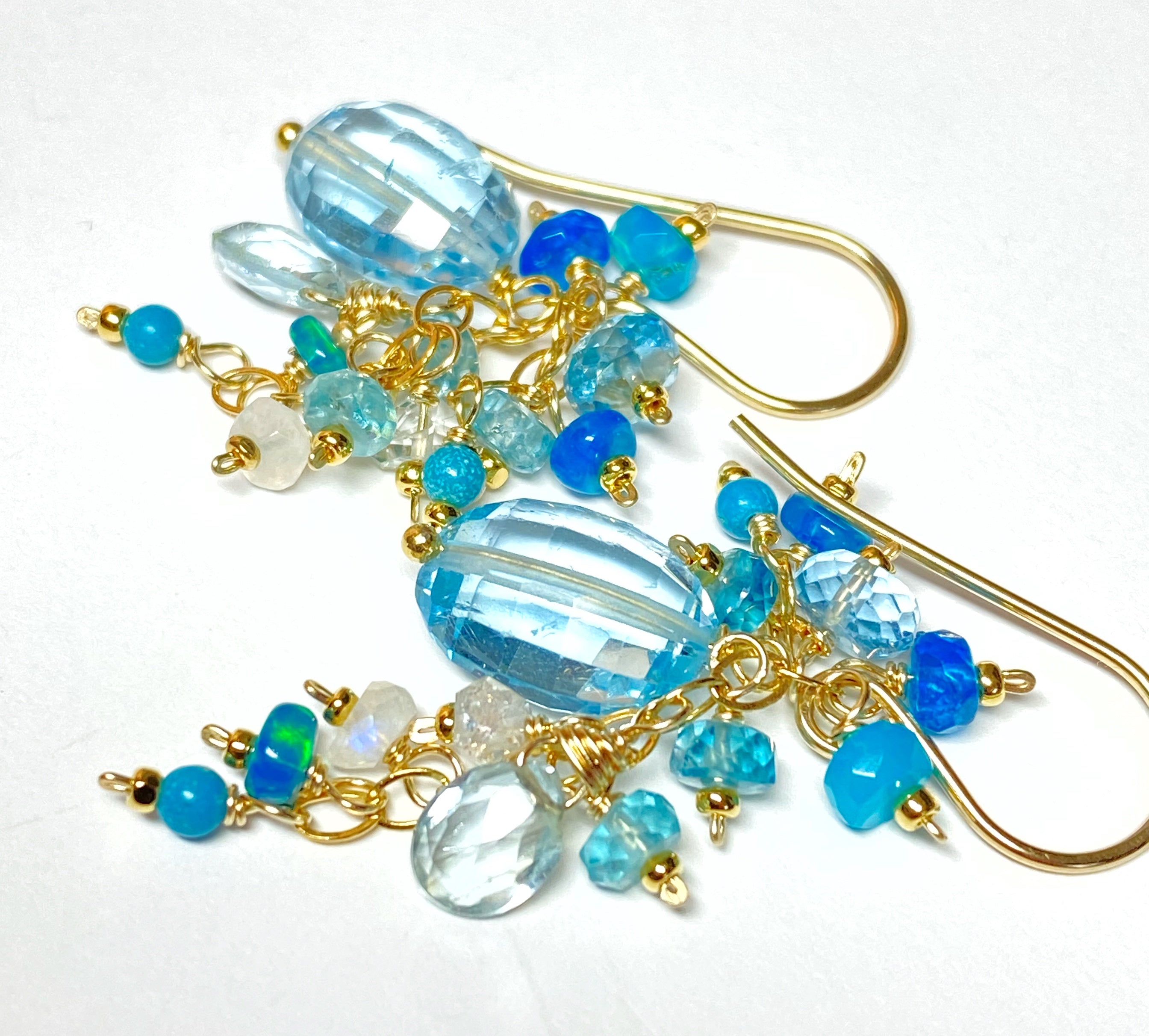 Blue Topaz Dangle Earrings with Multi Gemstone Cluster - Opal, Apatite & Herkimer Diamond Accents | Elegant Statement Jewelry for Women | Perfect for Parties, Weddings & Special Occasions