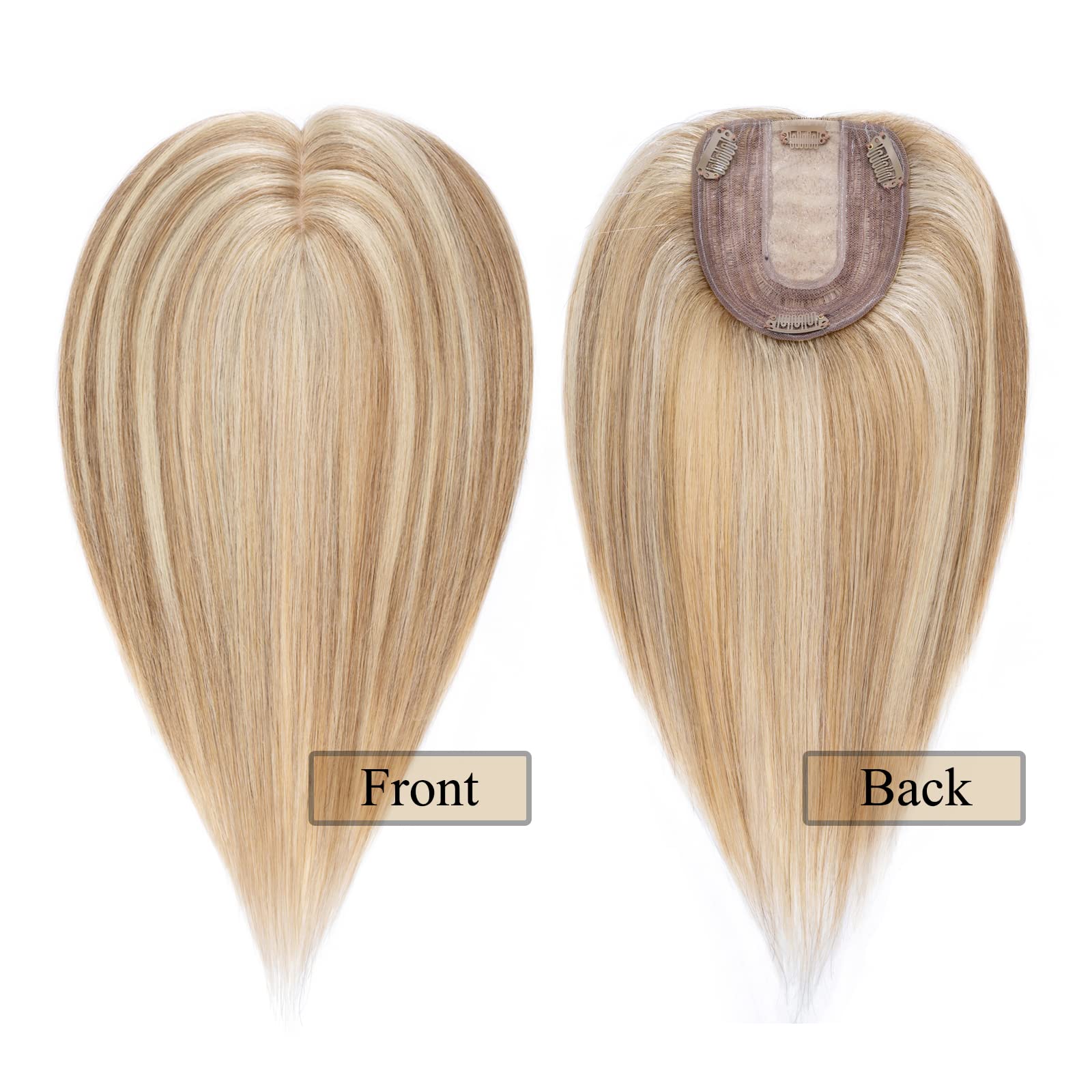 MY-LADY Human Hair Toppers for Women - 10x12cm Silk Base Hairpiece for Thinning Hair - 130% Density Clip-in Remy Hair Topper No Bangs - 10 Inch #12/613 Golden Brown & Bleach Blonde - Perfect for Daily Wear, Parties & Special Occasions