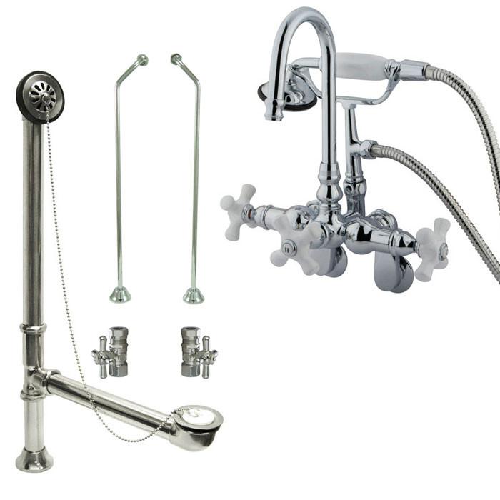 Chrome Wall Mount Clawfoot Tub Faucet with Hand Shower and Drain Stops - CC308T1 System | Vintage Style Bathroom Fixture for Classic & Modern Homes