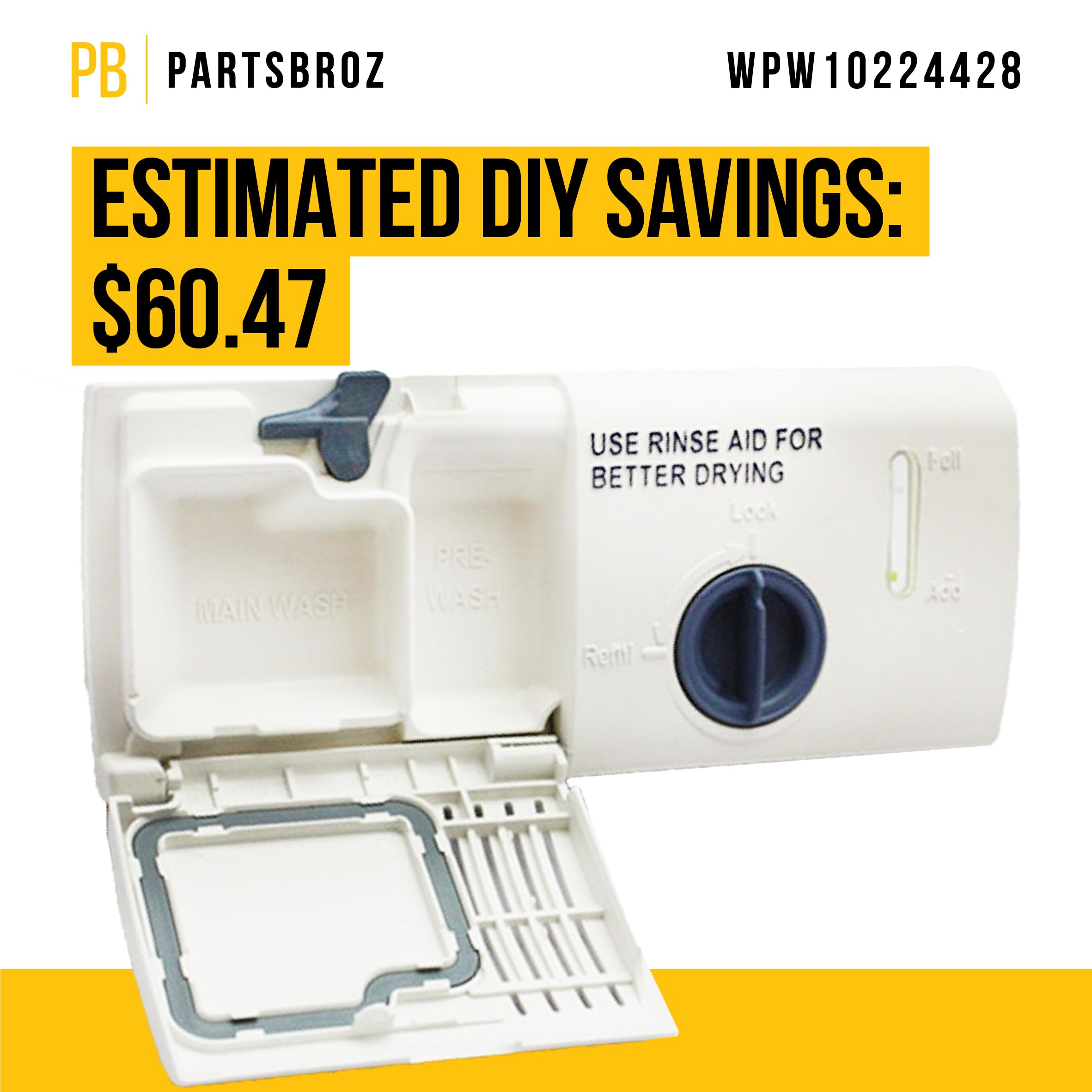 PartsBroz WPW10224428 Dishwasher Detergent Dispenser - Compatible with Whirlpool, Kenmore, Estate & Inglis Dishwashers - Replaces AP6017357, 1515027, PS11750654, W10195169, DU1055XTVQ0, DU1055XTVS3, DU1100XTPQB - Perfect for Kitchen Appliance Repair & Maintenance