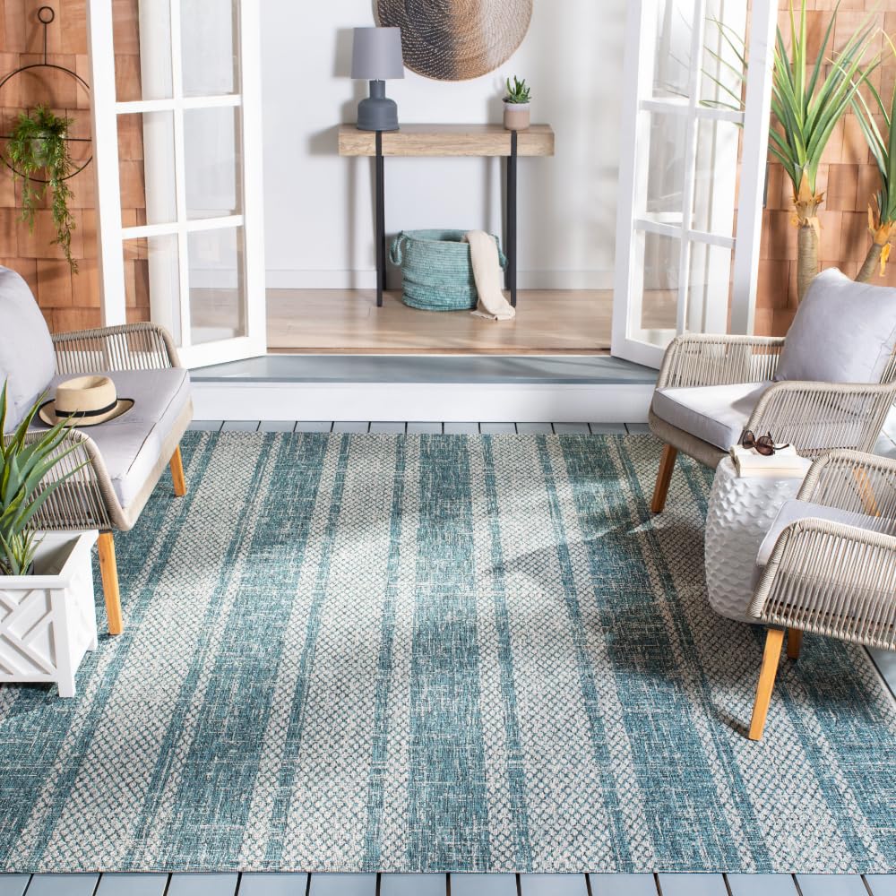 SAFAVIEH Courtyard Collection 9' x 12' Light Grey Teal Indoor Outdoor Waterproof Rug - Easy to Clean, Stain Resistant Area Carpet for Patio, Backyard, Mudroom, Deck & Poolside (Model CY8736)