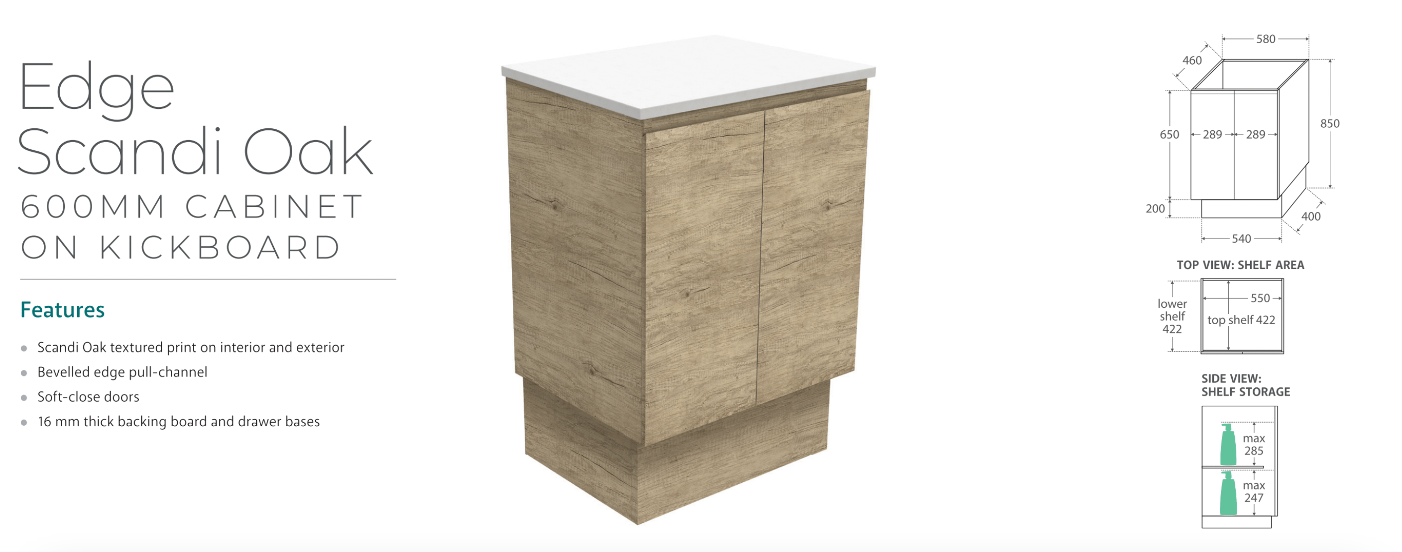 Fienza VAN60SK Vanessa 600mm Bathroom Vanity with Fingerpull Drawers in Scandi Oak - Perfect for Modern Small Bathrooms & Powder Rooms