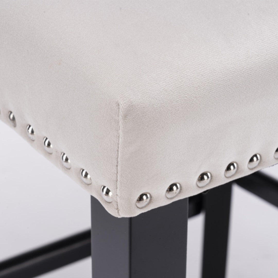 Velvet Upholstered Button Tufted Bar Stools with Wood Legs and Studs - Set of 2 Beige Counter Height Stools for Kitchen Island, Breakfast Bar or Home Decor
