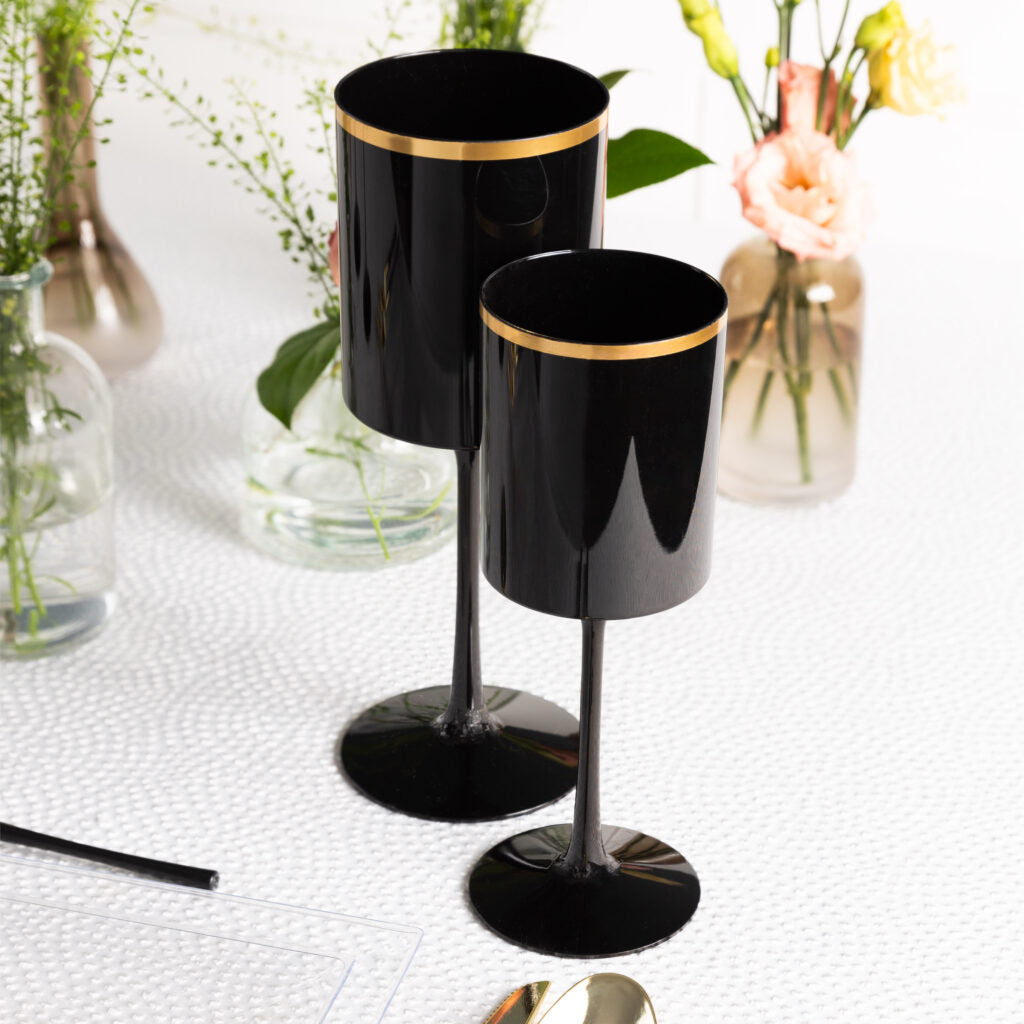 9 Oz Black and Gold Plastic Wine Goblets Set of 5 - Shatterproof Stemware for Outdoor Parties, Weddings, and Picnics