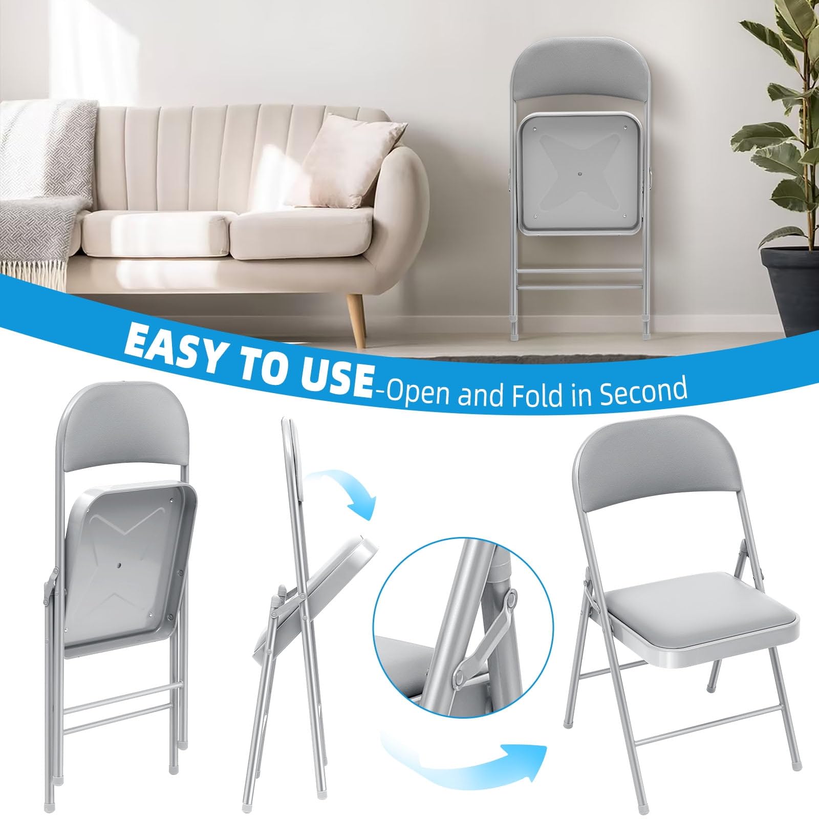 4 Pack Gray Folding Chairs with Padded Seats - Indoor & Outdoor Use for Events, Office, Wedding, Party - Portable Stackable Leather Folding Chairs (Slate Gray) - Perfect for Home, Camping, Picnics & Backyard Gatherings