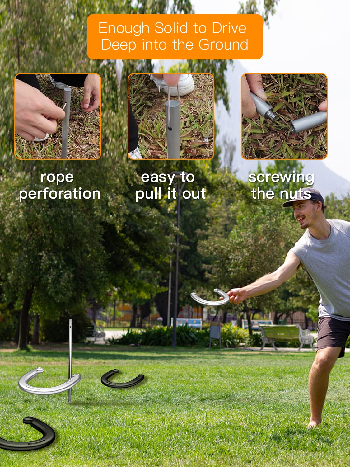 Premium Horseshoe Set - 4 Heavy Duty Forged Steel Horseshoes & 2 Steel Stakes - Regulation Size Outdoor Game for Adults - Perfect for Backyard, Lawn, Beach & Camping Parties