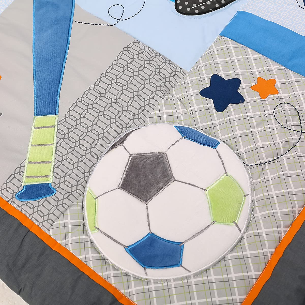 4-Piece Blue Sports Theme Baby Crib Bedding Set - Quilt, Fitted Sheet, Skirt & Valance for Boys with Baseball & Soccer Embroidery | Nursery Decor for Baseball & Soccer Lovers