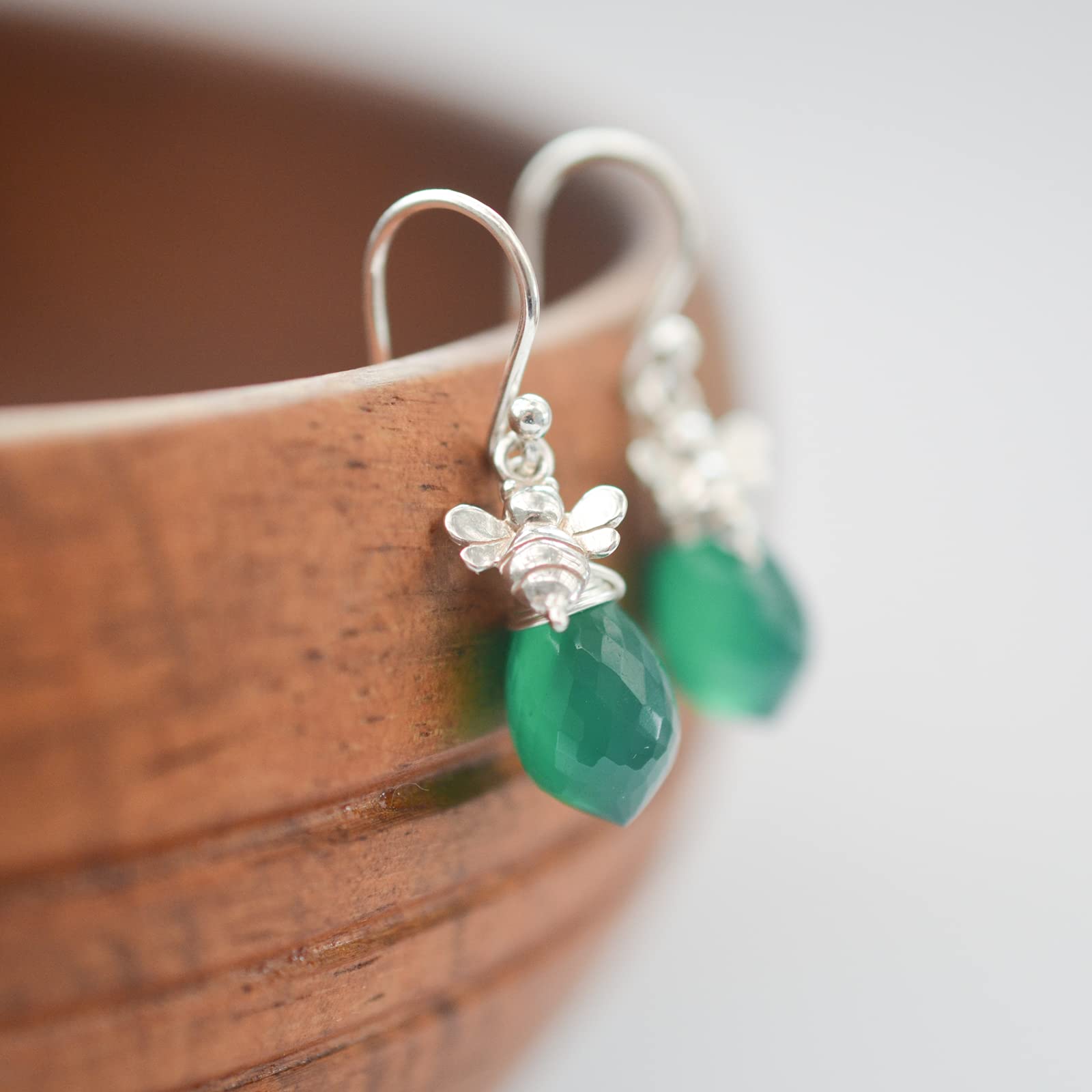 Handmade Sterling Silver Bee Earrings with Green Chalcedony Gemstone - Dainty Nature-Inspired Jewelry for Women, Perfect for Everyday Wear, Gifts & Boho Fashion