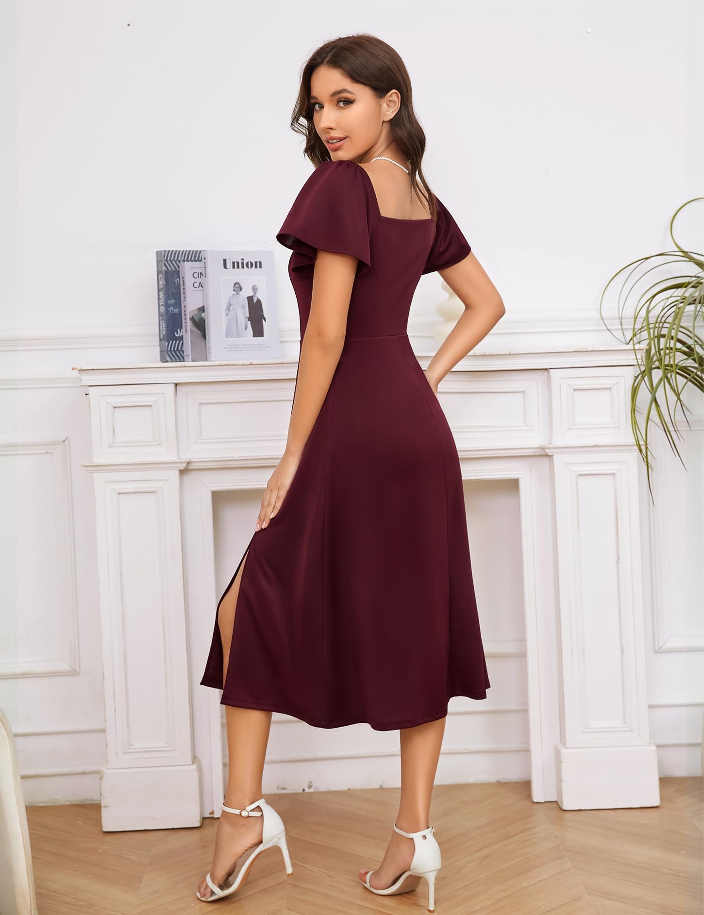 MUADRESS Women's A-Line Midi Dress - High Waist Formal Church Wedding Guest Dress with Puff Sleeves | Modest Party Dress for Bridal Shower, Cocktail Events & Special Occasions